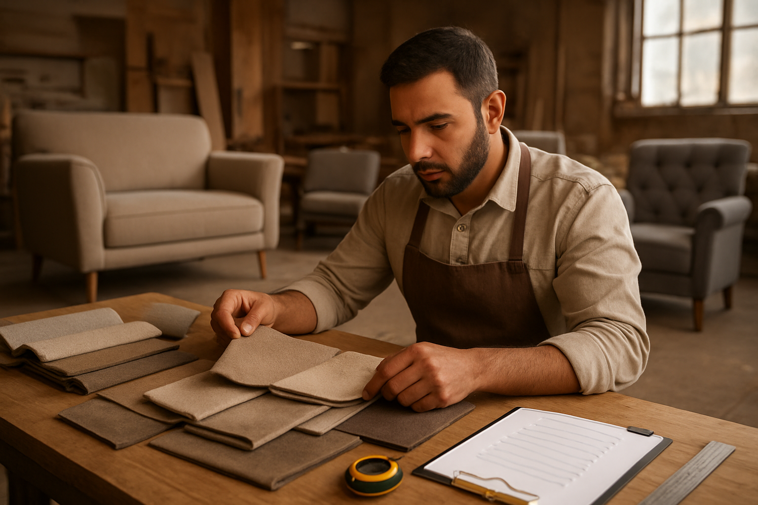 Create a realistic image of a Middle Eastern male furniture craftsman in a workshop examining different fabric swatches and cushion materials on a wooden table, with partially completed sofas and chairs in the background, measuring tools like tape measures and rulers nearby, quality control checklist visible on clipboard, warm workshop lighting with natural light coming through windows, professional and organized workspace atmosphere showing attention to detail and craftsmanship standards, absolutely NO text should be in the scene.