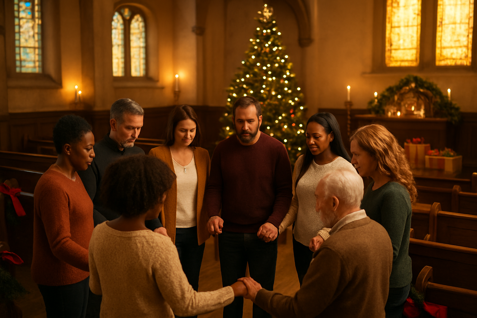 Create a realistic image of a warm church interior decorated for Christmas with diverse congregation members of various races and genders gathered together in a circle holding hands in prayer, featuring a beautifully decorated Christmas tree with twinkling lights in the background, wooden pews adorned with red ribbons and evergreen garlands, soft golden lighting from stained glass windows casting a peaceful glow across the scene, wrapped gift boxes arranged near the altar suggesting community giving, candles flickering on windowsills, and a nativity scene visible on a side table, all conveying unity, joy, and spiritual celebration in a welcoming church atmosphere, absolutely NO text should be in the scene.