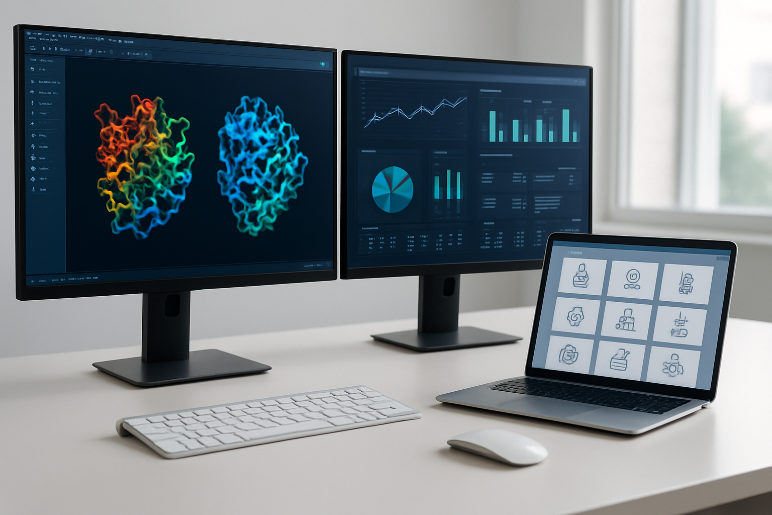 Create a realistic image of a modern computer workstation displaying multiple software interfaces for biopharma development tools on dual monitors, with one screen showing molecular modeling software with 3D protein structures and the other displaying data analytics dashboards with charts and graphs, a sleek laptop open beside showing laboratory management software, various pharmaceutical research icons visible on desktop screens, clean white desk surface with a wireless mouse and keyboard, professional office environment with bright natural lighting from a window, soft shadows creating depth, contemporary tech workspace atmosphere, absolutely NO text should be in the scene.
