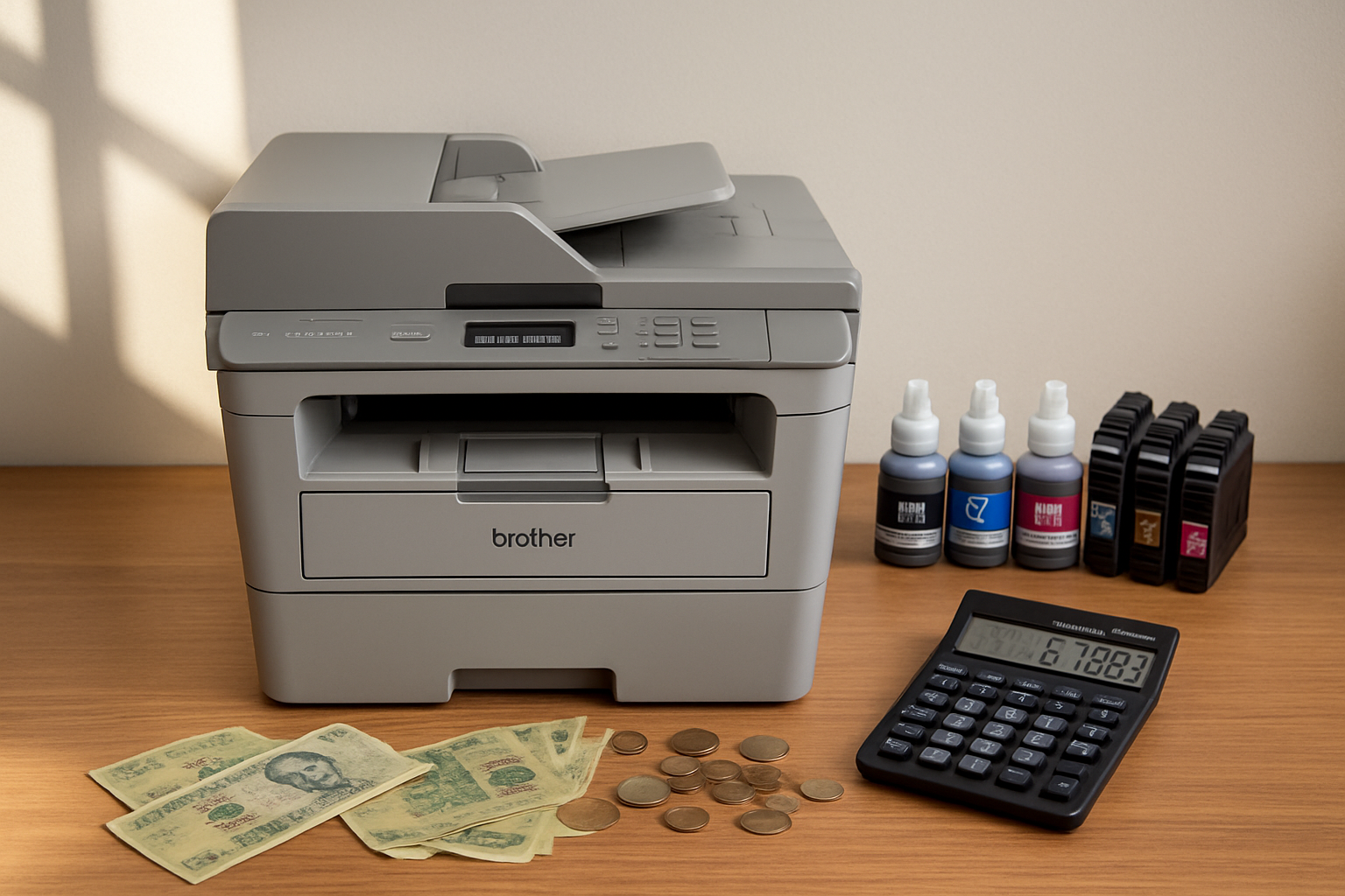 Create a realistic image of a modern office desk scene featuring a Brother DCP-B7535DW multifunction printer in the center, with ink bottles and cartridges neatly arranged beside it, scattered Vietnamese dong banknotes and coins on the wooden desk surface, a calculator displaying numbers, a clean white background wall, warm natural lighting from a window creating soft shadows, and a professional workspace atmosphere that conveys cost savings and printer maintenance services, absolutely NO text should be in the scene.