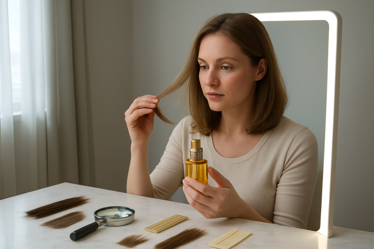 Create a realistic image of a white female with shoulder-length hair sitting at a modern vanity table, holding a bottle of Kerastase hair oil while examining her hair strands in a large illuminated mirror, with various hair testing tools like a magnifying glass and hair texture samples spread on the white marble surface, soft natural lighting from a nearby window creating a clean professional testing environment, absolutely NO text should be in the scene.
