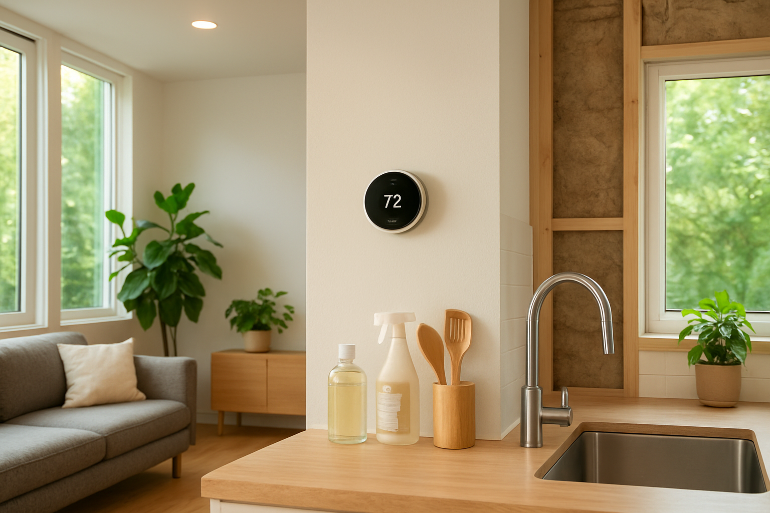 Create a realistic image of a modern, bright living space showcasing multiple eco-friendly home products including a sleek smart thermostat on the wall, energy-efficient LED lighting, a water-saving faucet in a visible kitchen area, natural cleaning products on a counter, sustainable bamboo kitchen utensils, and visible insulation materials or energy-efficient windows, all arranged in a warm, inviting home environment with natural lighting streaming through large windows, green plants scattered throughout the space, and a clean, organized aesthetic that conveys environmental consciousness and modern sustainability, absolutely NO text should be in the scene.