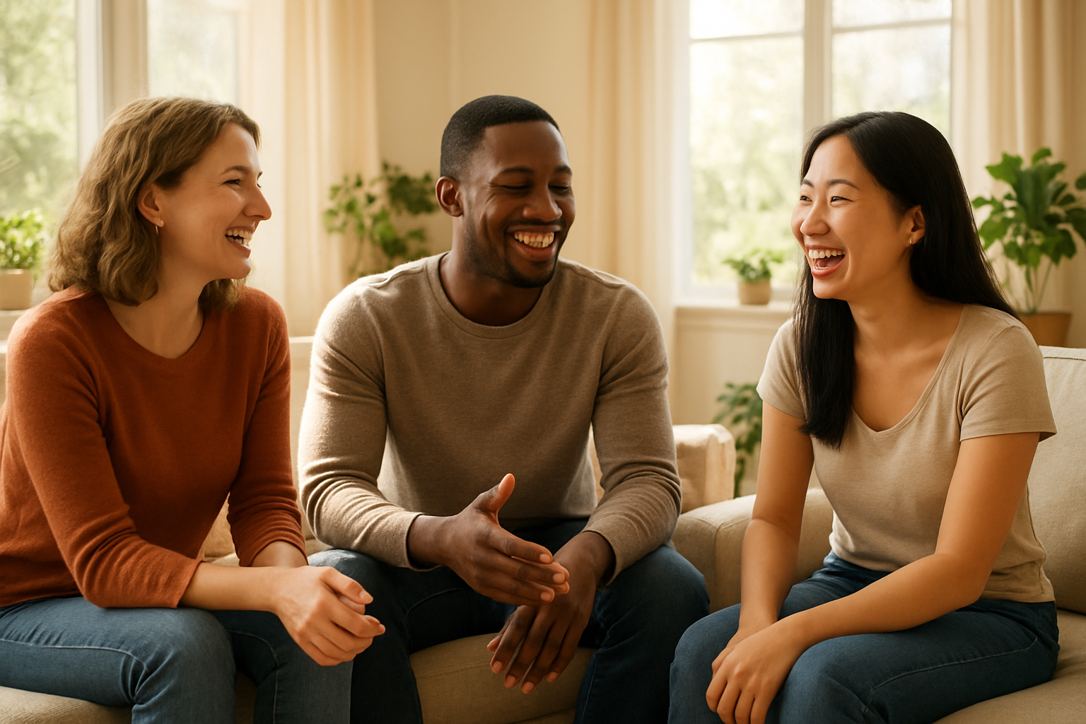 Create a realistic image of a diverse group of people including a white female, black male, and Asian female sitting together in a bright, sunlit living room, all smiling genuinely while engaged in uplifting conversation, with warm natural lighting streaming through large windows, comfortable furniture, plants adding life to the space, and an overall atmosphere of joy and positive energy radiating from their interactions, absolutely NO text should be in the scene.