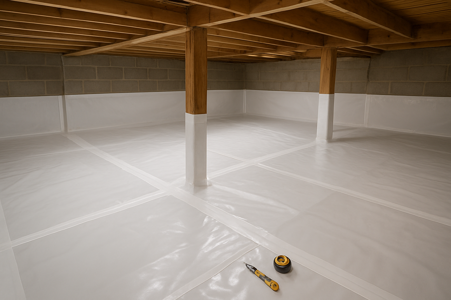 Create a realistic image of a well-installed vapor barrier system in a crawl space showing professional-quality workmanship, with the plastic sheeting properly sealed at seams using tape, neatly trimmed edges around foundation walls and support posts, proper overlap techniques visible, clean and organized installation with no wrinkles or gaps, good lighting illuminating the technical details of the installation, tools like utility knife and measuring tape placed nearby suggesting professional work, foundation walls and floor joists visible in background, clean and dry environment indicating effective moisture protection, absolutely NO text should be in the scene.