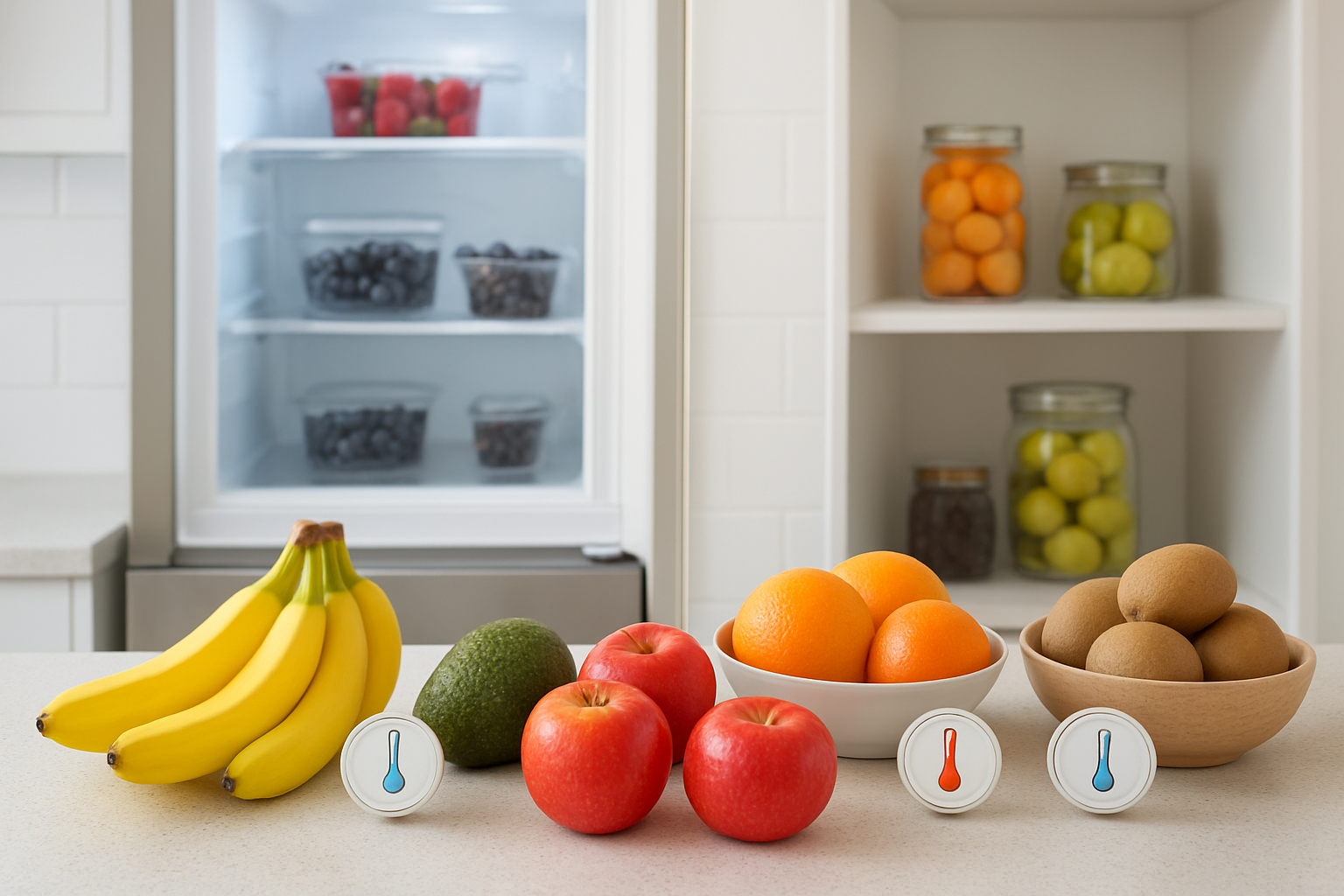 Create a realistic image of a modern kitchen counter displaying different fruits organized by storage temperature zones, with a refrigerator open in the background showing fruits like berries and grapes on shelves, room temperature fruits like bananas and avocados on the counter, and some fruits in a cool pantry area, with subtle temperature indicators or thermometers placed near each grouping, clean bright lighting, organized and educational composition. Absolutely NO text should be in the scene.