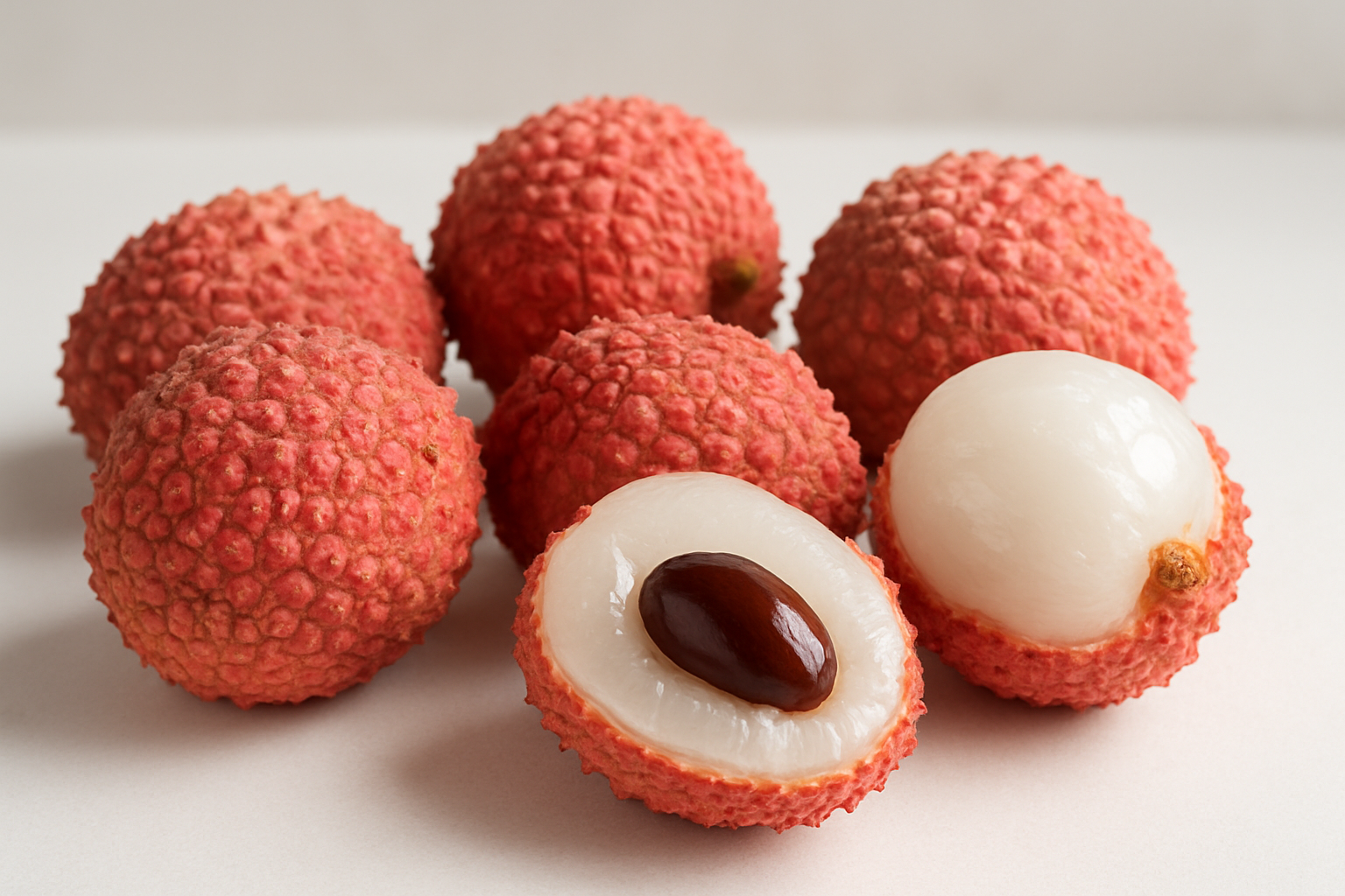 Create a realistic image of fresh lychee fruits displayed to showcase their unique characteristics, featuring whole lychees with their distinctive pink-red bumpy textured skin alongside peeled lychees revealing the translucent white flesh and dark brown seed inside, arranged on a clean white surface with soft natural lighting that highlights the contrast between the rough exterior and smooth interior, shot from a slightly elevated angle to show both the external appearance and internal structure of the fruit, with a subtle neutral background that keeps focus on the lychees' distinctive features, absolutely NO text should be in the scene.
