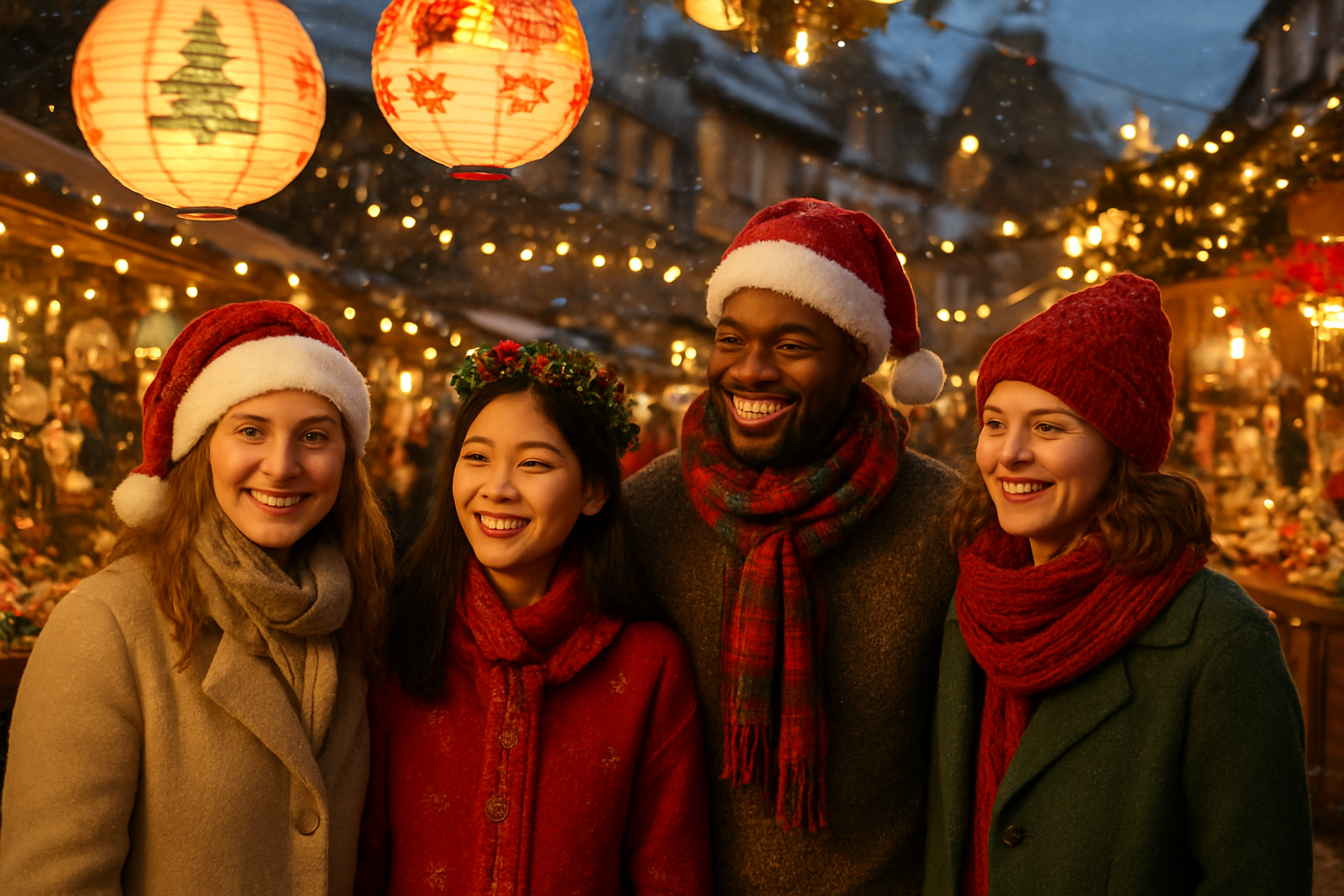 Create a realistic image of a diverse group of people including white and Asian females and a black male participating in a local Christmas celebration in a foreign country, wearing traditional local winter clothing mixed with festive accessories, gathered around unique cultural Christmas decorations like paper lanterns with holiday motifs, local-style Christmas market stalls with regional ornaments and crafts, warm golden lighting from string lights and lanterns creating a cozy evening atmosphere, people smiling and engaging with local Christmas traditions, snow lightly falling in the background with traditional architecture visible, creating a warm and welcoming multicultural holiday scene, absolutely NO text should be in the scene.