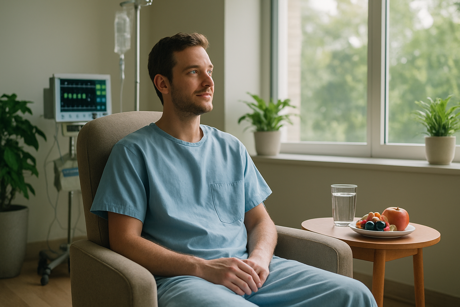 Create a realistic image of a peaceful recovery scene showing a white male patient in his 30s sitting calmly in a comfortable chair in a clean, modern medical facility room, with soft natural lighting streaming through large windows, medical monitoring equipment visible in the background, a small table with water and healthy snacks nearby, lush green plants adding life to the space, and a serene atmosphere suggesting healing and renewal, with the patient appearing relaxed and hopeful as he looks toward the sunlit window, absolutely NO text should be in the scene.