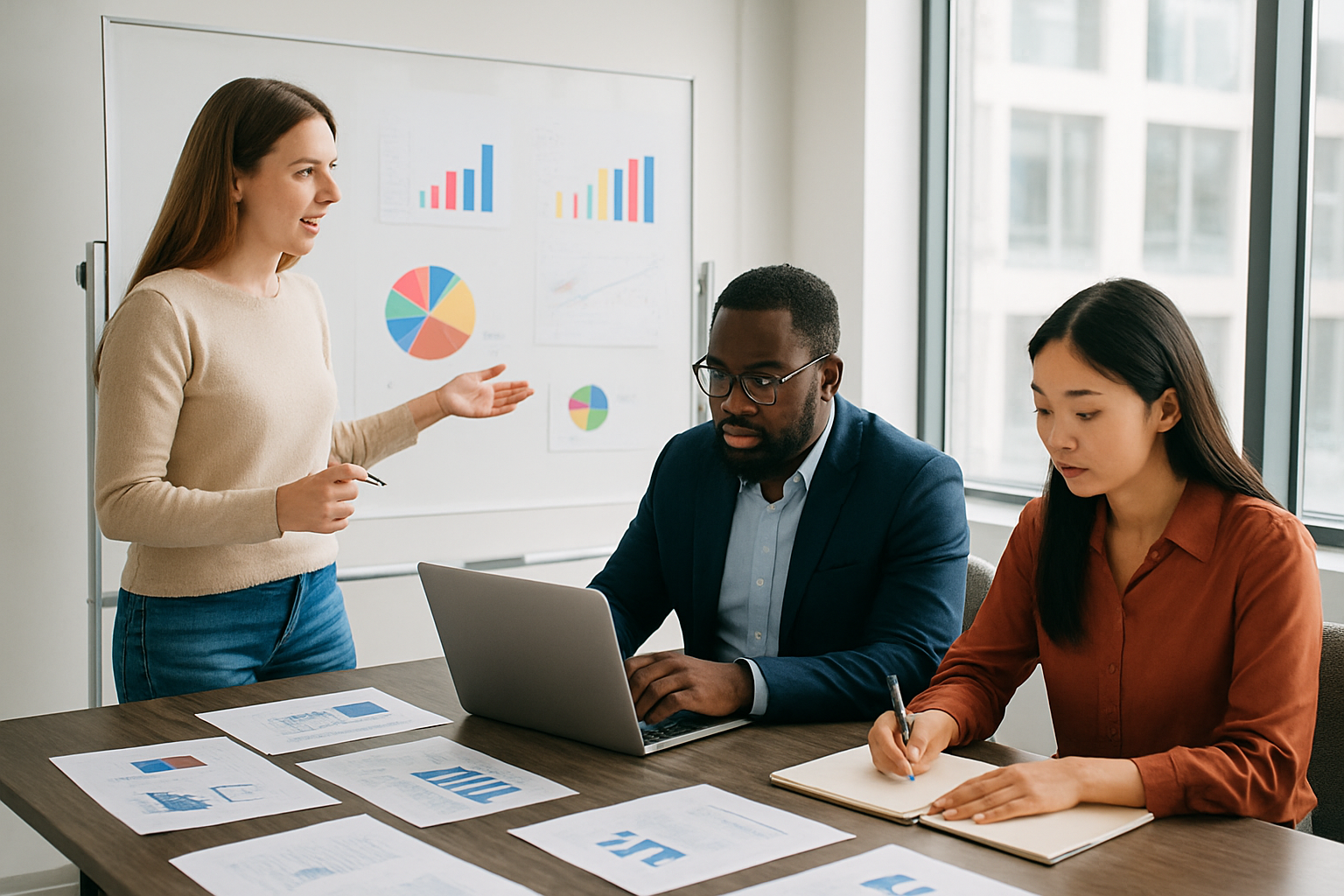 Create a realistic image of a diverse group of three entrepreneurs working collaboratively on marketing and sales strategy, featuring one white female founder presenting marketing concepts on a whiteboard with colorful charts and graphs, one black male founder analyzing sales data on a laptop, and one Asian female founder taking notes, all gathered around a modern conference table in a bright, contemporary office space with natural lighting from large windows, professional atmosphere with marketing materials and business documents scattered on the table, clean and organized workspace with motivational energy, absolutely NO text should be in the scene.