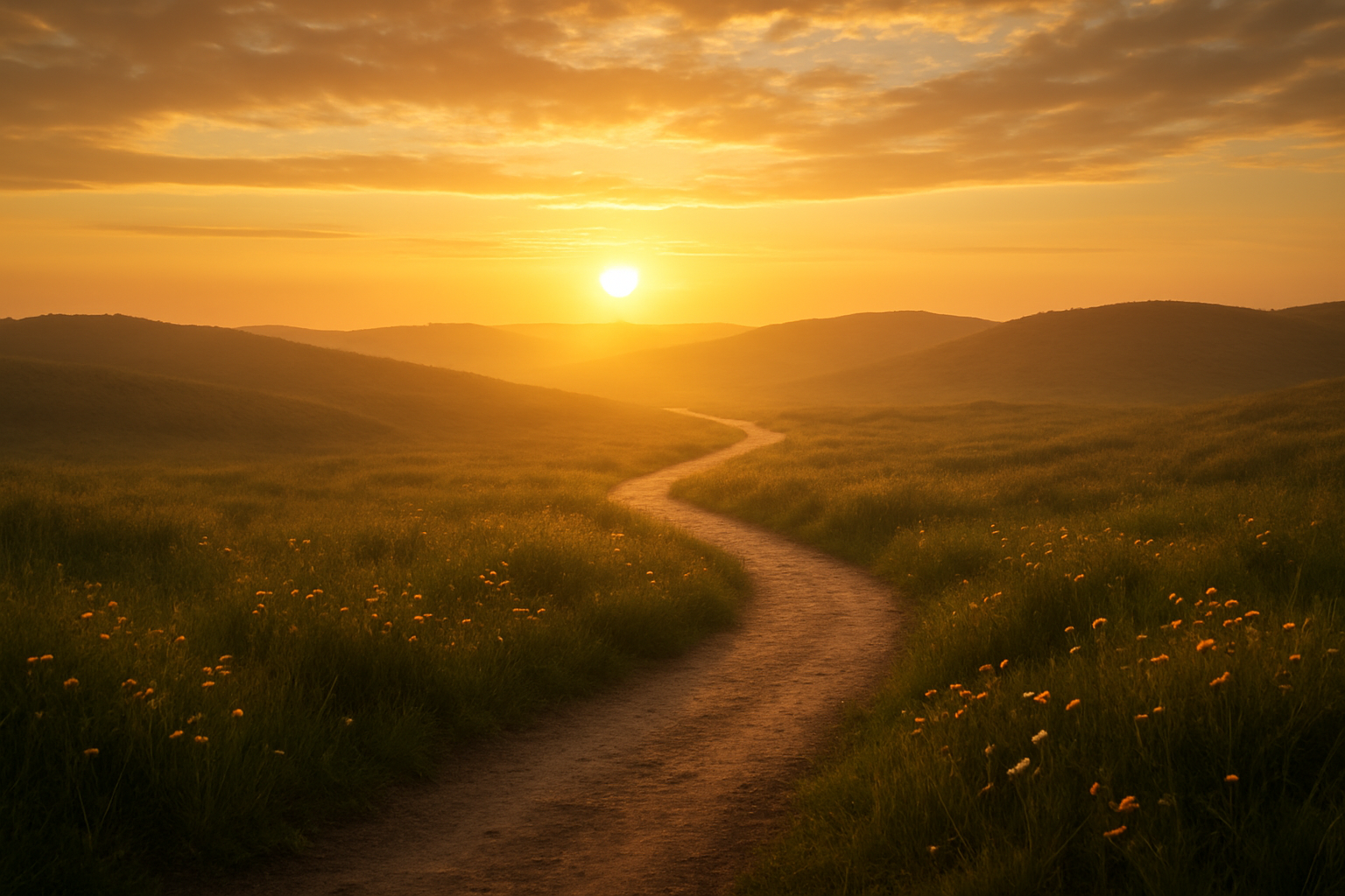 Create a realistic image of a peaceful sunrise scene with warm golden light filtering through gentle clouds, featuring a winding path that leads from a darker foreground toward a brighter, more illuminated horizon, with small wildflowers growing along the path edges, soft rolling hills in the background, and a serene atmosphere that conveys hope, growth, and positive transformation, shot with soft natural lighting that creates a sense of warmth and renewal, absolutely NO text should be in the scene.