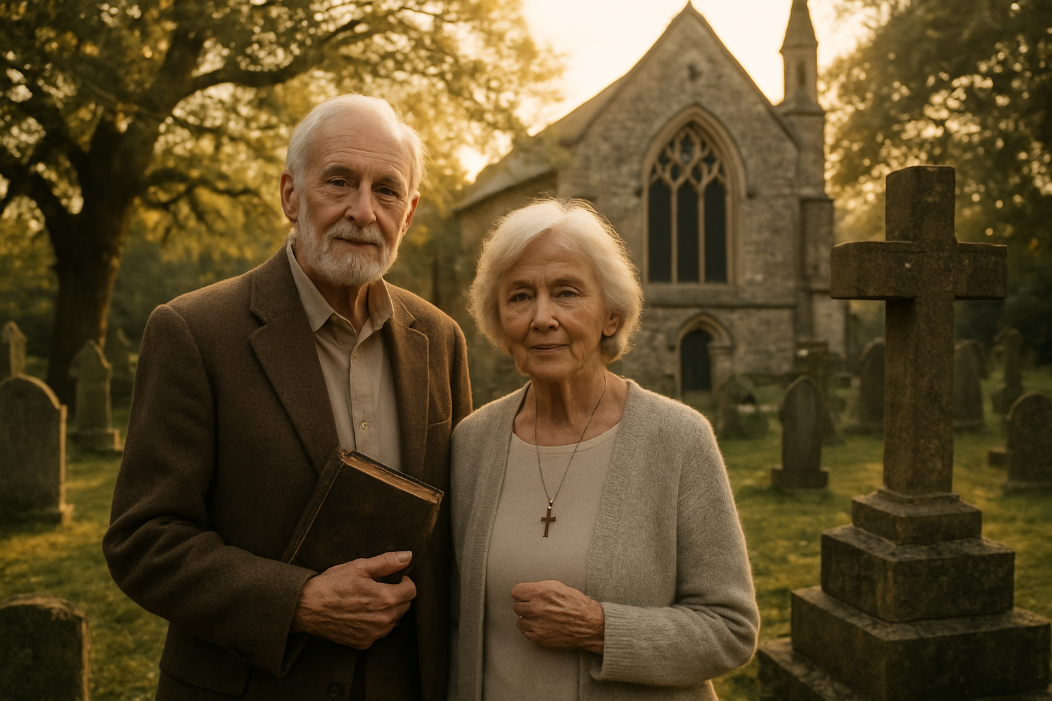 Create a realistic image of an elderly white male and female couple standing together in front of a historic stone church with Gothic architecture, the man holding a worn leather Bible and the woman carrying a small cross pendant, surrounded by ancient tombstones and weathered religious monuments in a peaceful cemetery setting, with soft golden afternoon sunlight filtering through old oak trees creating a serene and contemplative atmosphere that evokes Christian heritage and spiritual reflection, absolutely NO text should be in the scene.