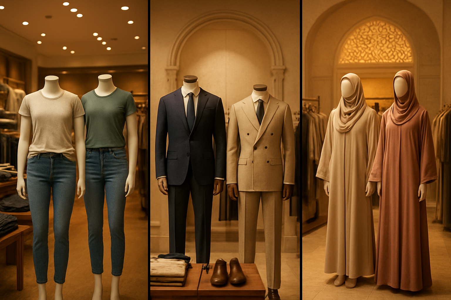 Create a realistic image of a split-screen composition showing three distinct clothing retail environments representing USA, Europe, and Middle East markets, with the left section displaying an American clothing store with casual fitted garments on mannequins, the center section showing a European boutique with tailored formal wear and structured clothing, and the right section featuring Middle Eastern traditional and modest clothing with flowing fabrics, each section having different lighting that reflects regional preferences, with subtle cultural design elements in the background architecture and decor, warm professional lighting throughout the scene, absolutely NO text should be in the scene.