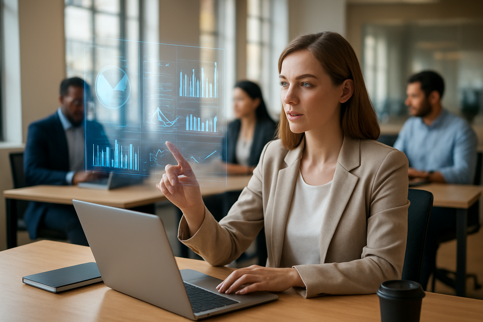 Create a realistic image of a modern office workspace showing a white female professional sitting at a desk working collaboratively with AI technology, with holographic data visualizations and charts floating above her laptop screen, while she points toward the digital displays with a focused expression, surrounded by other diverse colleagues in the background also engaged in human-AI collaborative work, featuring warm natural lighting from large windows, sleek modern furniture, and advanced technological interfaces seamlessly integrated into the workspace, conveying innovation and productivity in a bright, professional atmosphere. Absolutely NO text should be in the scene.