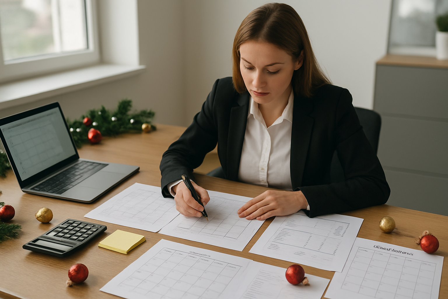 Create a realistic image of a professional office desk scene with a white female manager sitting at a modern wooden desk, focused on planning documents spread across the surface including calendars, budget spreadsheets, and party planning checklists, with a laptop computer open showing a planning interface, a calculator, pen, and sticky notes nearby, complemented by festive Christmas decorations like small ornaments and garland subtly placed around the workspace, set in a bright modern office environment with natural lighting from a window, conveying an organized and productive planning atmosphere, absolutely NO text should be in the scene.