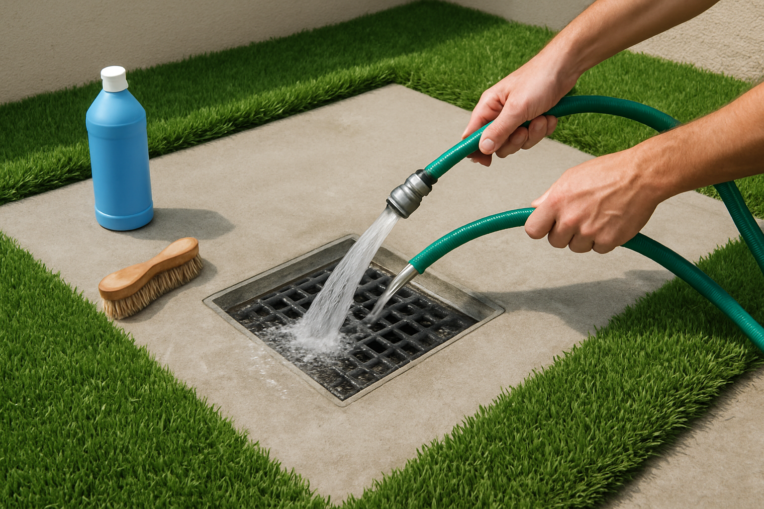 Create a realistic image of a well-maintained outdoor dog potty area featuring a concrete pad with a central drain system, showing a person's hands using a hose to clean the drainage grate, with clear water flowing smoothly down the drain, surrounded by artificial grass borders, bright daylight lighting, clean and odor-free appearance, with maintenance tools like a scrub brush and cleaning solution bottle placed nearby on the ground, absolutely NO text should be in the scene.