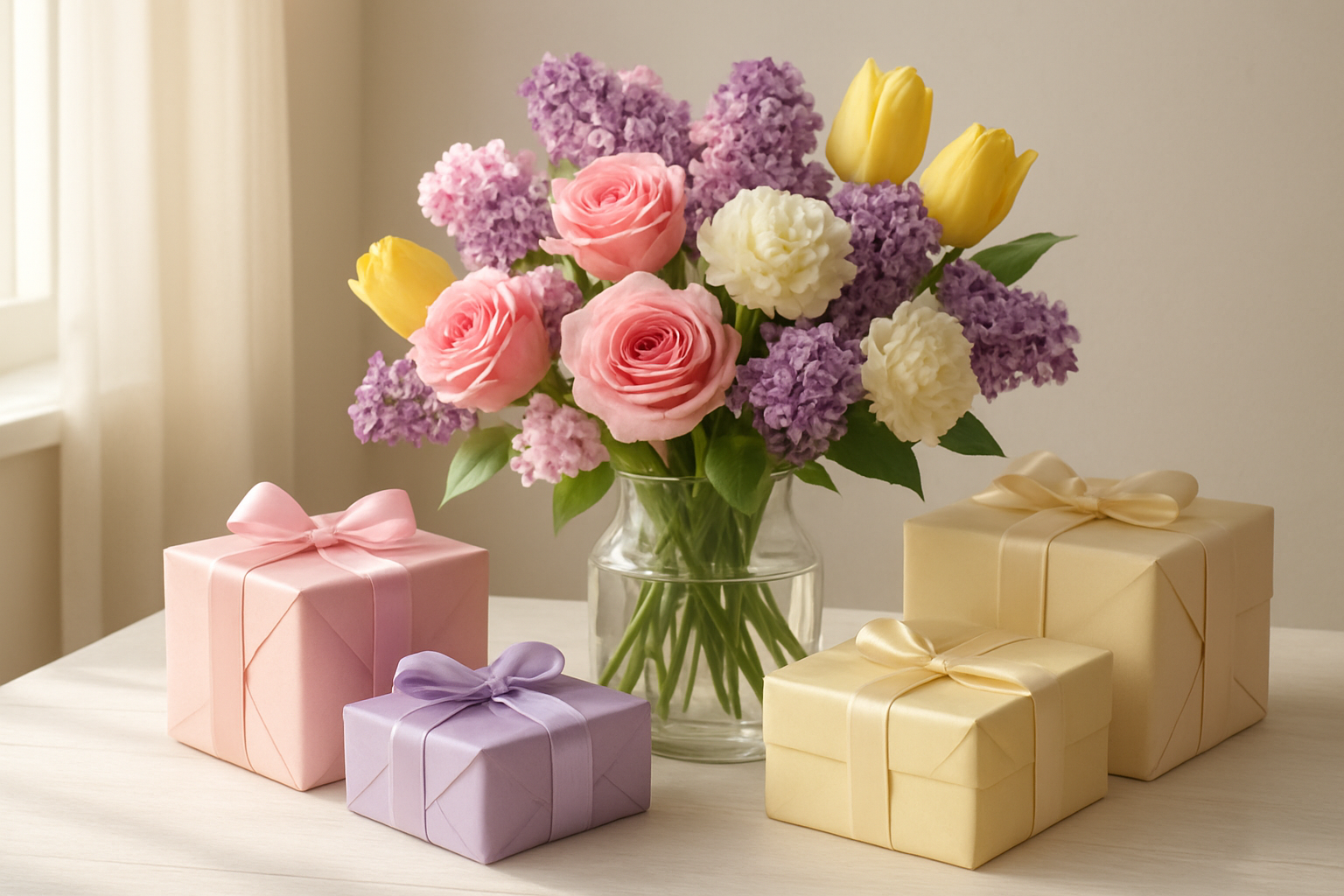 Create a realistic image of a beautifully arranged Mother's Day scene featuring a variety of colorful elements including pink roses, purple lilacs, white carnations, and yellow tulips in an elegant glass vase, surrounded by thoughtfully wrapped gifts in coordinating pastel colors of blush pink, lavender, cream, and soft yellow with satin ribbons, placed on a white wooden table with natural sunlight streaming through a nearby window creating warm, gentle lighting that highlights the vibrant yet tender color palette, with soft shadows and a clean, minimalist background that emphasizes the harmonious blend of traditional and personalized Mother's Day colors, absolutely NO text should be in the scene.