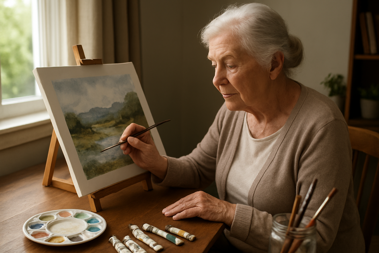 Create a realistic image of an elderly white female in her 70s sitting at a wooden desk concentrating while painting a watercolor landscape on canvas, with art supplies like brushes and paint tubes organized nearby, natural daylight streaming through a window creating soft shadows, conveying a sense of focus and personal accomplishment in a cozy home studio setting, absolutely NO text should be in the scene.