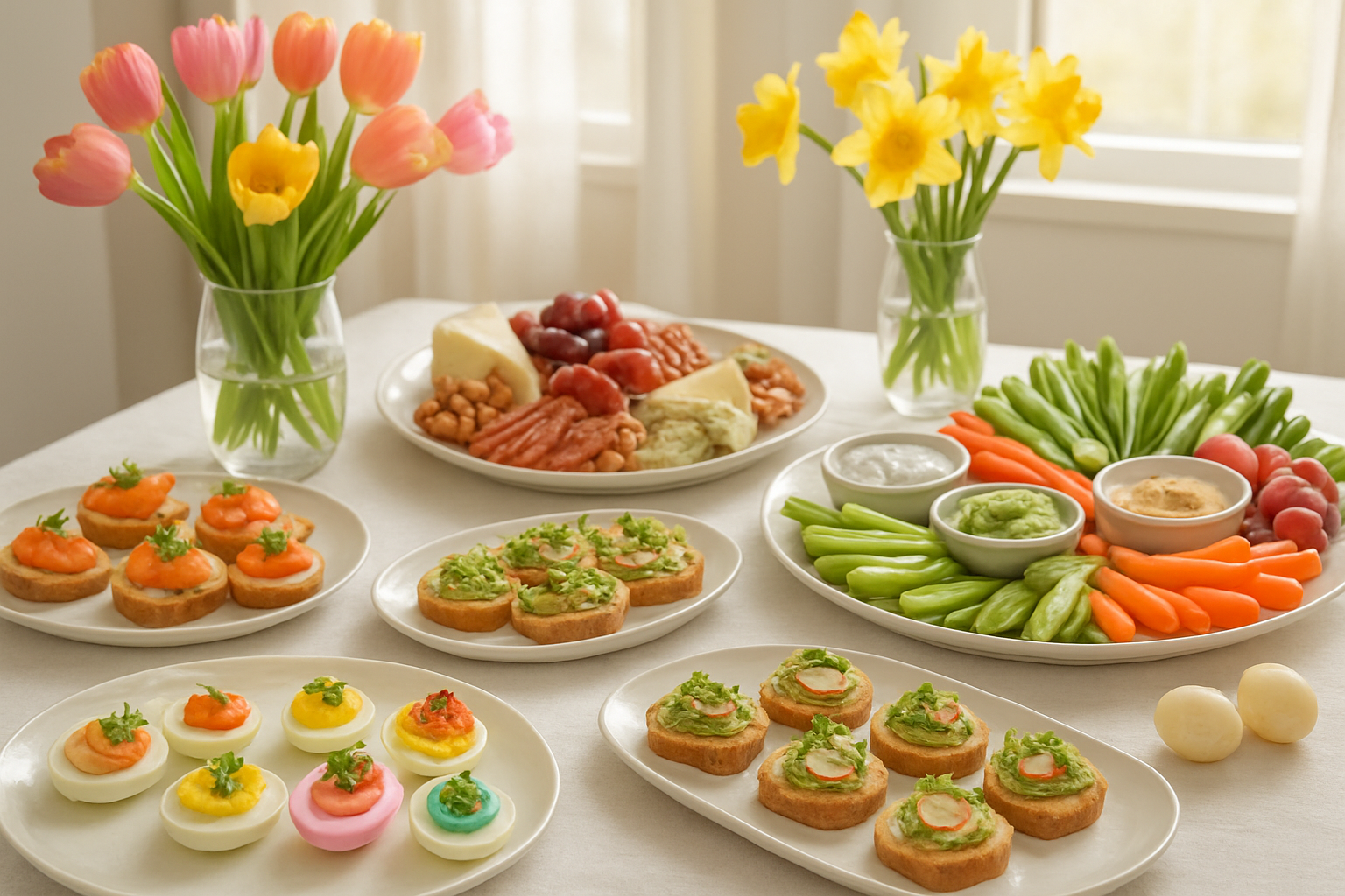 Create a realistic image of an elegant Easter brunch table featuring contemporary appetizers including colorful deviled eggs with unique toppings, artisanal cheese and charcuterie boards, spring vegetable crudité with modern dips, smoked salmon canapés, and avocado toast bites arranged on stylish white and pastel serving platters, with fresh spring flowers like tulips and daffodils as centerpieces, soft natural lighting streaming through a window, and subtle Easter decorations in the background, Absolutely NO text should be in the scene.