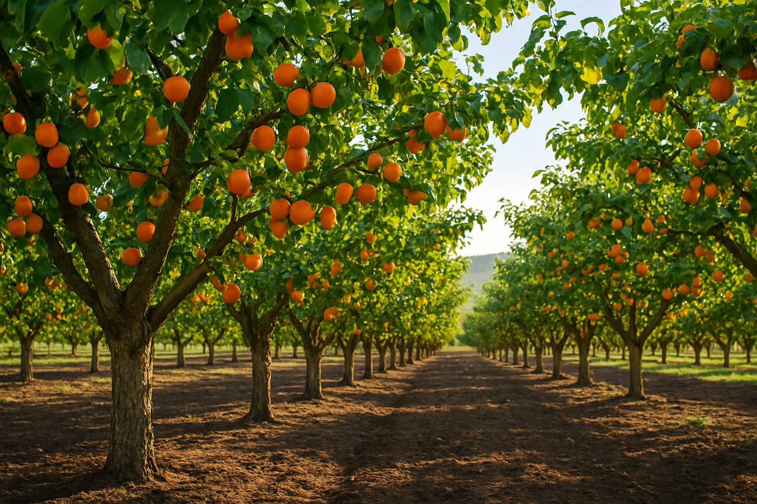 Create a realistic image of a thriving apricot orchard with mature apricot trees in neat rows, showing ripe orange apricots hanging from green leafy branches, rich dark soil visible between the tree rows, clear blue sky with gentle sunlight filtering through the canopy, rolling hills in the distant background, well-maintained agricultural setting with proper spacing between trees indicating professional cultivation, warm golden hour lighting creating a peaceful rural atmosphere. Absolutely NO text should be in the scene.