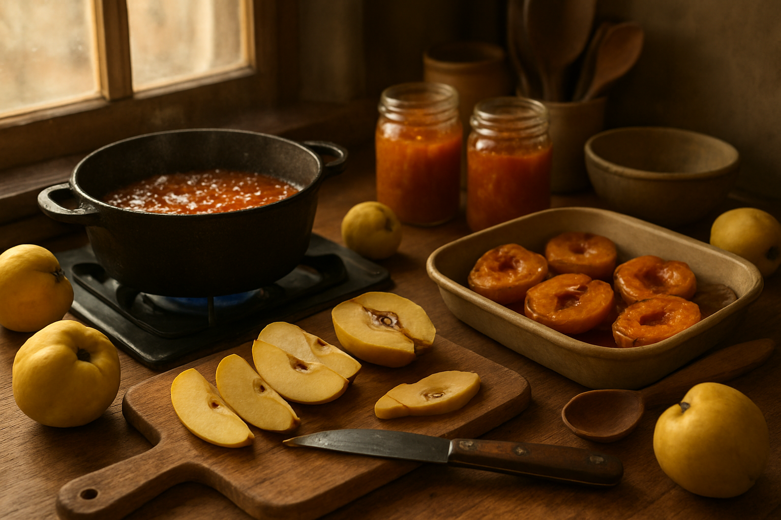 Create a realistic image of a rustic kitchen scene showcasing various culinary preparations of quince fruit, featuring a wooden cutting board with sliced raw quince pieces revealing their pale yellow flesh, a bubbling pot of quince jam on a stovetop, a baking dish with roasted quince halves glazed golden brown, fresh whole quince fruits scattered around, a wooden spoon, mason jars filled with quince preserves, warm natural lighting streaming through a window, cozy homestyle cooking atmosphere with ceramic bowls and kitchen utensils, absolutely NO text should be in the scene.