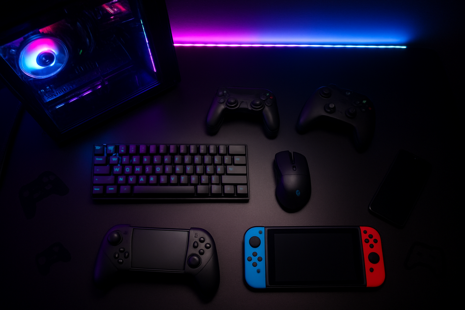Create a realistic image of a modern gaming setup from an overhead perspective showing multiple gaming devices including a gaming PC with RGB lighting, a PlayStation controller, an Xbox controller, a Nintendo Switch, and a smartphone, all arranged on a sleek black gaming desk with a mechanical keyboard and gaming mouse, surrounded by colorful LED strip lighting casting a purple and blue glow, with game controller icons and gaming peripherals scattered around, creating an immersive gaming atmosphere that represents diverse gaming experiences beyond a single game, shot with dramatic ambient lighting in a dark room setting, absolutely NO text should be in the scene.