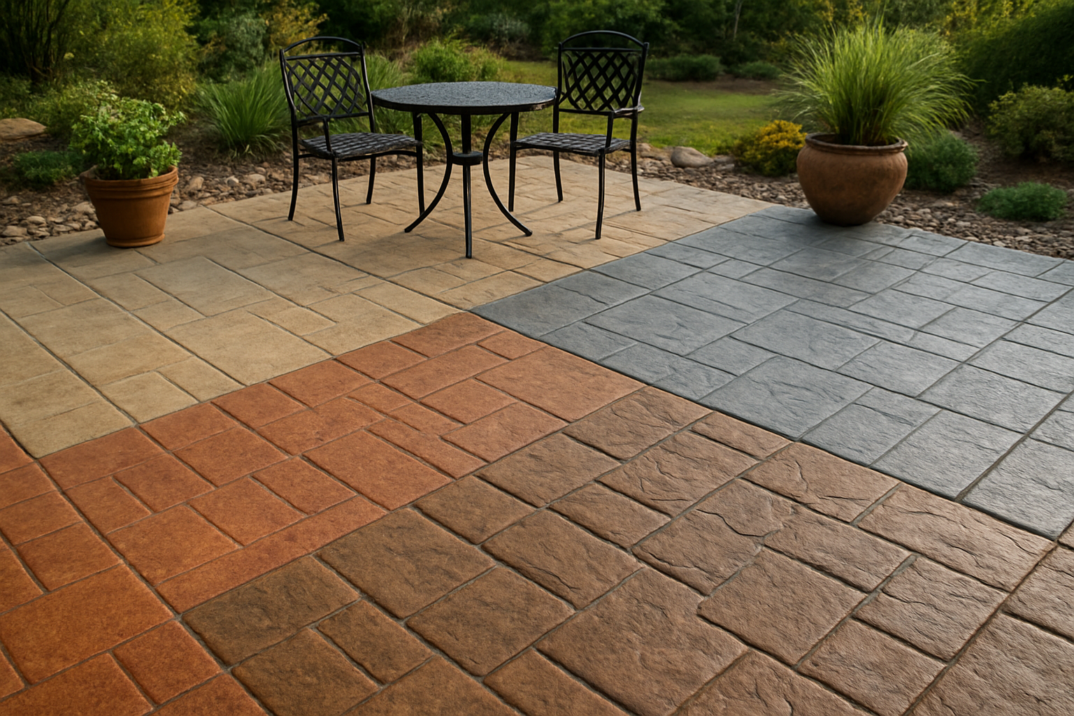 Create a realistic image of multiple stamped concrete patio sections showcasing different color options and combinations, featuring warm terracotta, cool gray, sandy beige, and rich brown concrete surfaces with various stamped patterns like brick, stone, and tile textures, arranged in an attractive outdoor setting with some patio furniture, potted plants, and natural landscaping elements in the background under soft natural lighting that highlights the color variations and textures of each concrete section, absolutely NO text should be in the scene.