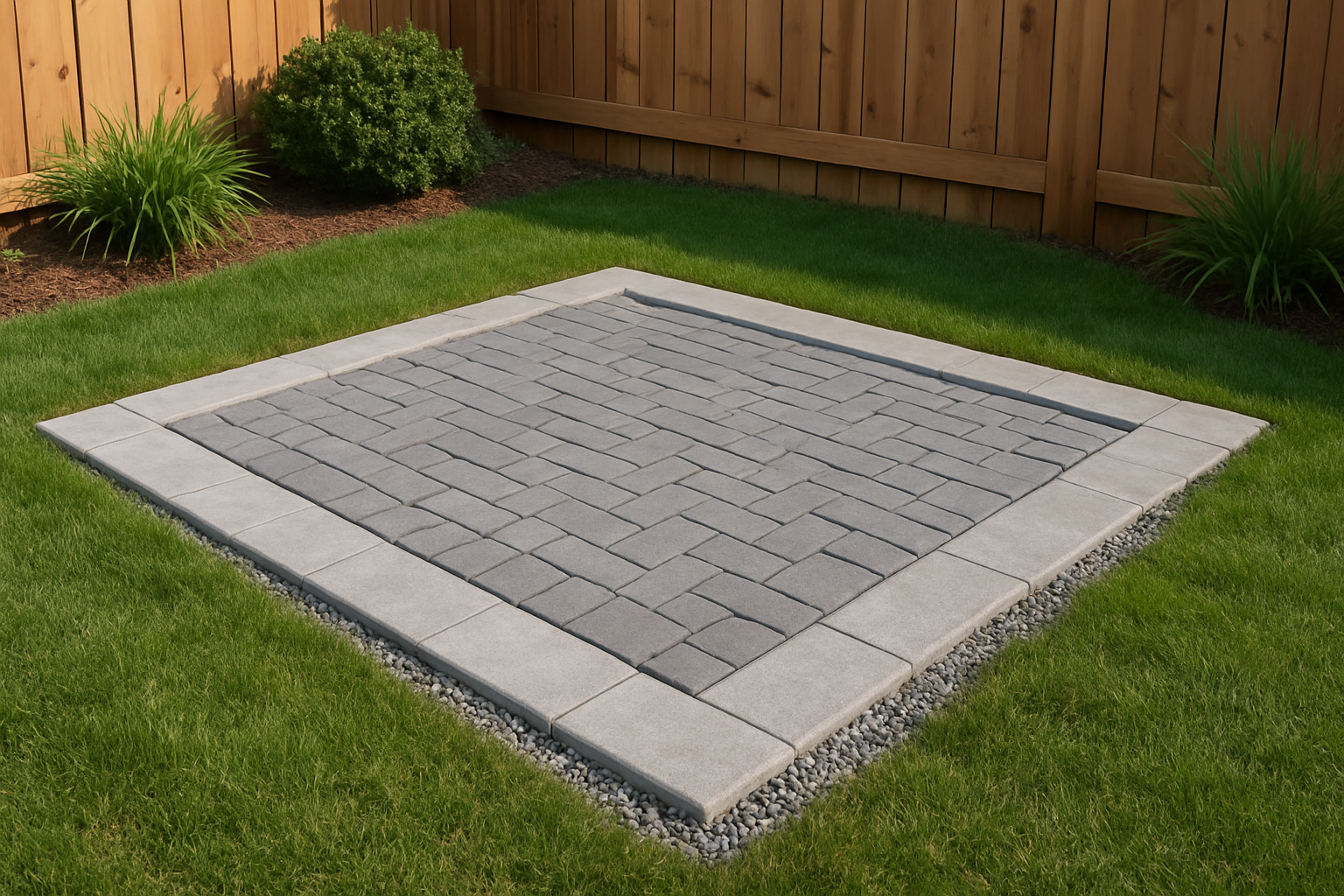 Create a realistic image of a well-maintained backyard dog potty area featuring a rectangular paver stone platform with interlocking concrete pavers in a neutral gray tone, surrounded by a border of larger concrete slabs, positioned on a level grassy lawn with some small gravel drainage areas around the edges, natural daylight illuminating the scene, clean and organized appearance showing the durability and functionality of the hardscaping materials, with a wooden fence visible in the background and some landscaping plants nearby, absolutely NO text should be in the scene.