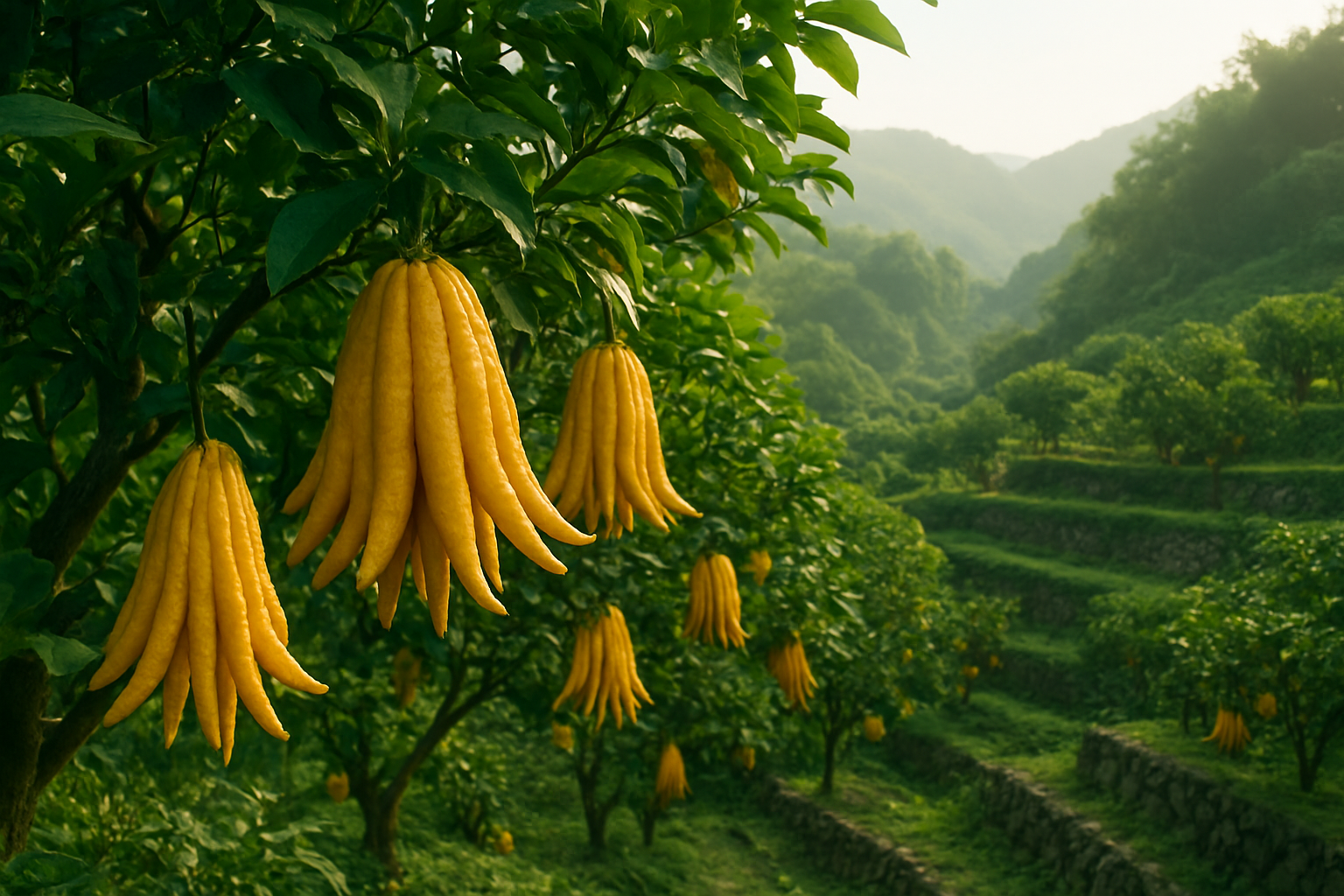 Create a realistic image of Buddha's Hand citrus fruits growing on lush green trees in terraced hillside orchards with morning sunlight filtering through the canopy, showing the distinctive finger-like yellow citrus fruits hanging from branches, set against a backdrop of rolling hills and traditional Asian agricultural landscape with stone retaining walls, capturing the exotic nature of this unique citrus variety in its natural growing environment. Absolutely NO text should be in the scene.