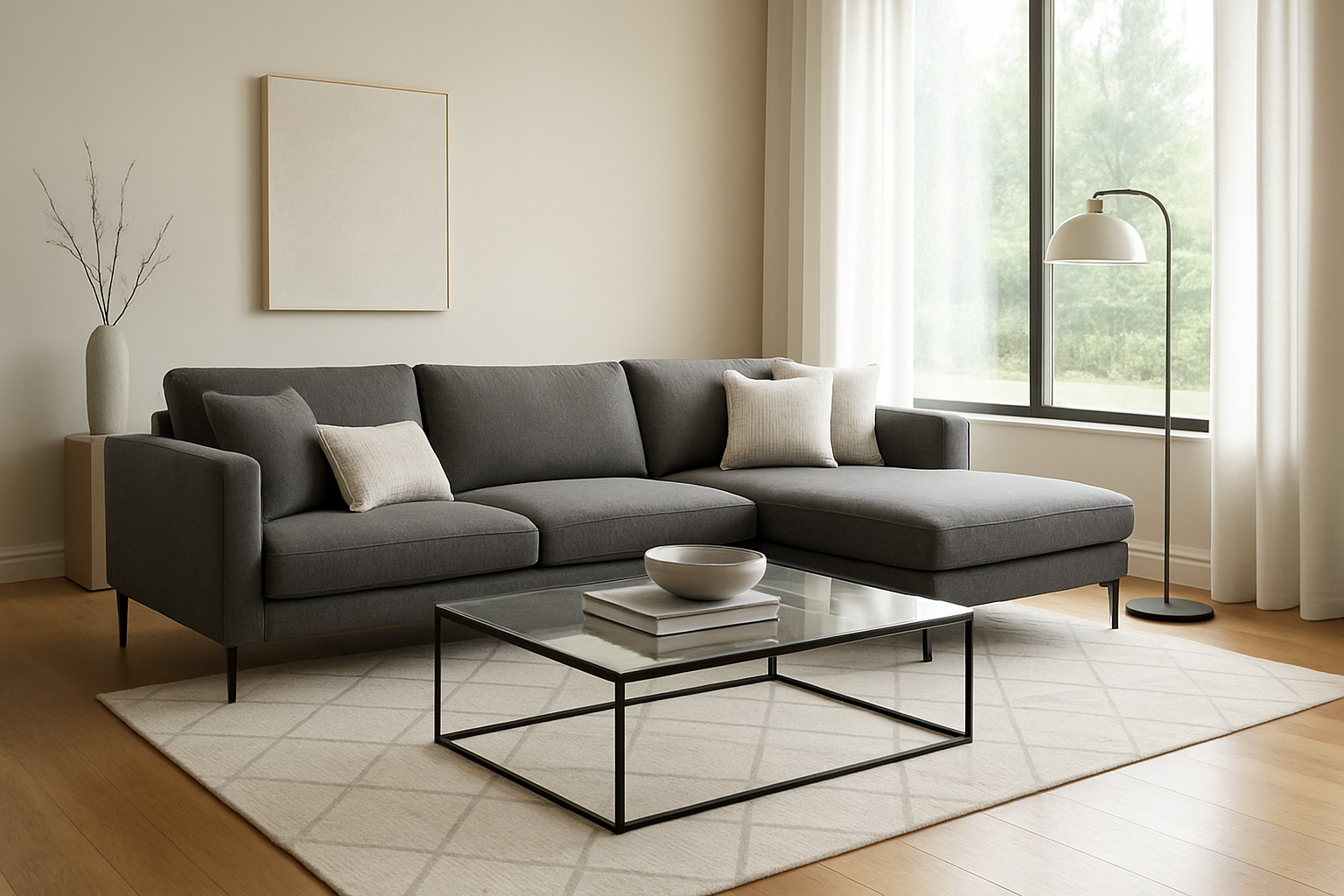 Create a realistic image of a modern living room showcasing the latest 2024 contemporary sofa designs, featuring a sleek sectional sofa with clean lines and premium upholstery in neutral tones like charcoal gray or cream, complemented by stylish throw pillows, positioned on a polished hardwood floor with a geometric area rug, surrounded by minimalist decor including a glass coffee table and modern floor lamp, with large windows allowing natural daylight to illuminate the space, creating a bright and sophisticated atmosphere that highlights the furniture's modern aesthetic, absolutely NO text should be in the scene.