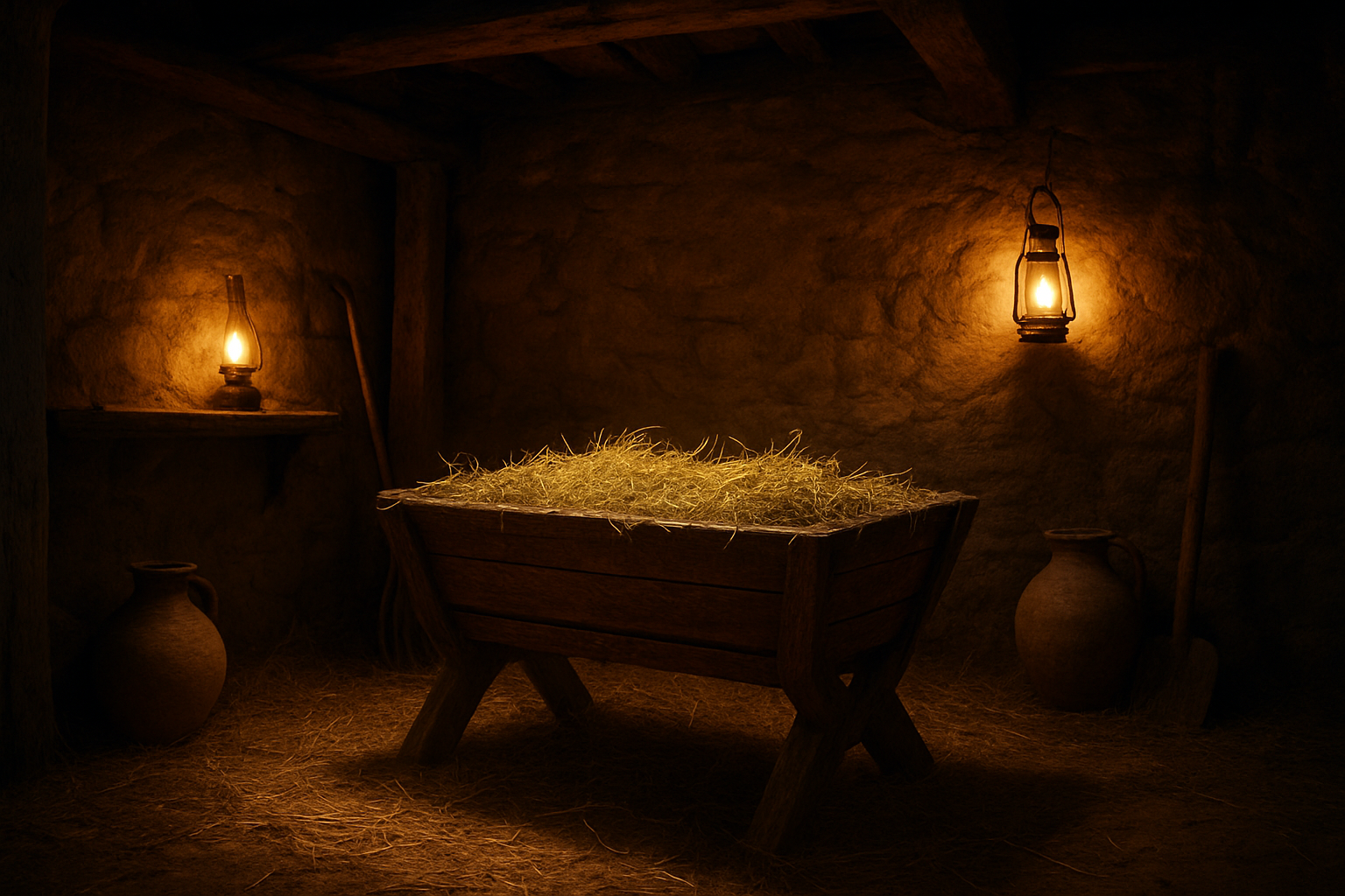 Create a realistic image of an ancient wooden feeding trough filled with fresh hay in a dimly lit stable, with warm golden light from oil lamps casting gentle shadows on the rough stone walls, surrounded by simple farming tools and clay water vessels, creating a humble and sacred atmosphere that emphasizes the contrast between the lowly manger and its divine purpose, with soft straw scattered on the earthen floor and weathered wooden beams overhead, absolutely NO text should be in the scene.