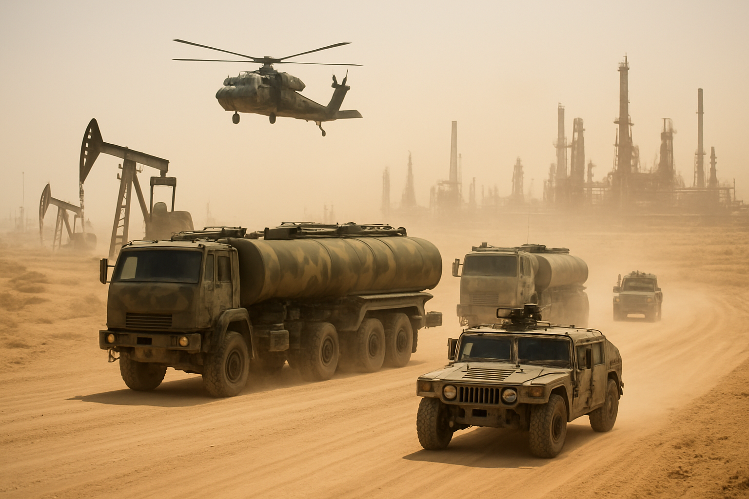 Create a realistic image of military supply convoy with camouflaged fuel tanker trucks traveling on a dusty desert road, surrounded by oil derricks and industrial petroleum infrastructure in the background, with military escort vehicles and a helicopter overhead, under harsh daylight with sandy atmospheric haze, emphasizing the strategic connection between oil resources and military operations, absolutely NO text should be in the scene.