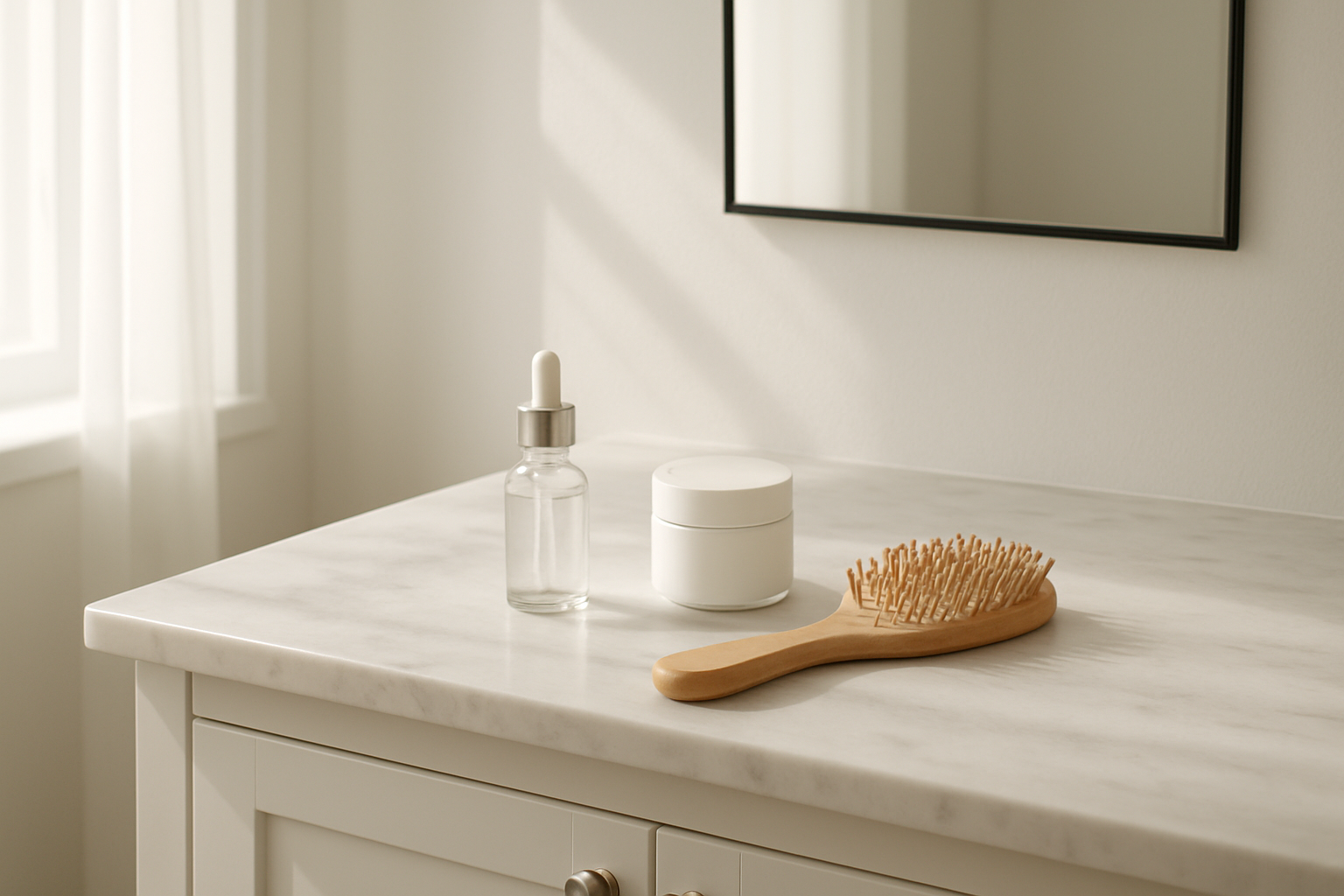 Create a realistic image of a clean, minimalist bathroom vanity with a few carefully selected beauty products arranged neatly on a white marble countertop, including a small glass bottle of serum, a sleek moisturizer jar, and a simple wooden hairbrush, with natural morning light streaming through a nearby window casting soft shadows, featuring a mirror with clean lines and white cabinetry in the background, conveying a sense of calm organization and intentional simplicity. Absolutely NO text should be in the scene.