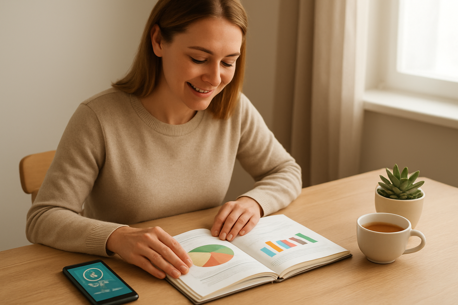 Create a realistic image of a white female in her early 30s sitting at a clean wooden desk reviewing a wellness journal with colorful progress charts and graphs visible on the pages, a smartphone displaying a fitness tracking app nearby, a small potted succulent plant and a cup of herbal tea on the desk, soft natural lighting streaming through a window creating a calm and organized atmosphere, the woman appears focused and satisfied while tracking her wellness journey, warm and motivating mood with neutral tones, absolutely NO text should be in the scene.