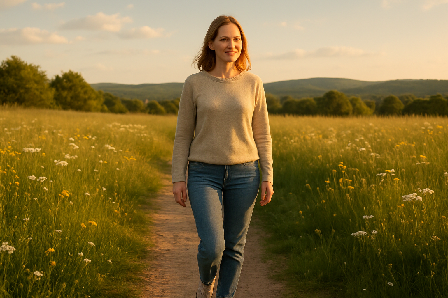 Create a realistic image of a peaceful white female walking alone on a sunlit nature path through a serene meadow, wearing casual comfortable clothing with a gentle smile of contentment, surrounded by blooming wildflowers and soft green grass, with warm golden hour lighting creating a calm and tranquil atmosphere, distant rolling hills in the background under a clear blue sky with soft white clouds, conveying a sense of inner peace, freedom and spiritual fulfillment. Absolutely NO text should be in the scene.