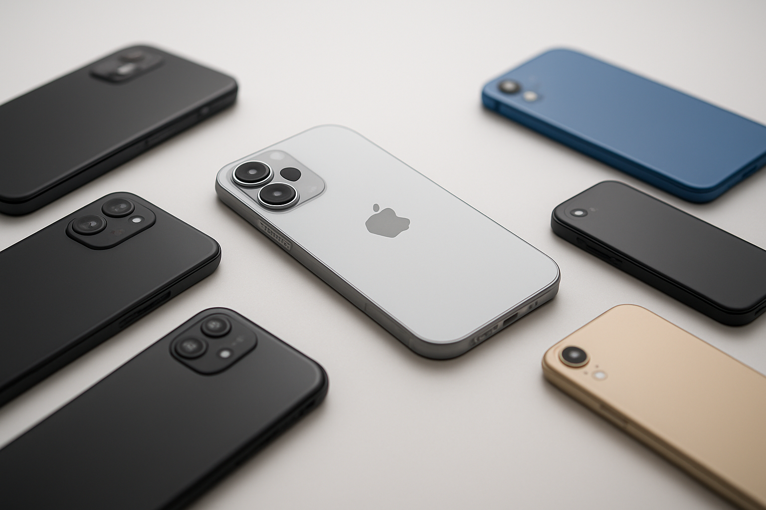 Create a realistic image of a sleek iPhone 16E smartphone positioned in the center of a gap between two groups of other smartphones, with premium flagship phones on one side and budget phones on the other side, all devices arranged on a clean white surface with soft studio lighting, showing the iPhone 16E as the perfect bridge between high-end and affordable mobile devices, shot from a slightly elevated angle with shallow depth of field focusing on the iPhone 16E, minimalist background with subtle shadows, absolutely NO text should be in the scene.