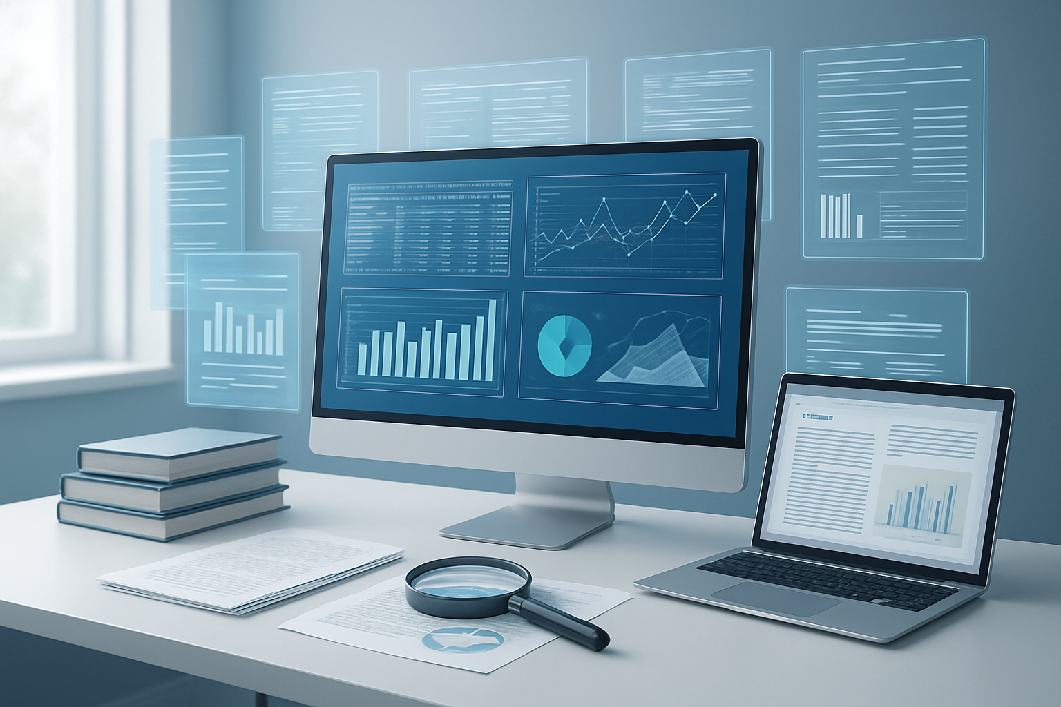 Create a realistic image of a modern workspace featuring AI research and knowledge management tools, showing a sleek computer monitor displaying data analytics dashboards with graphs and research databases, surrounded by organized digital documents floating holographically in the air, a clean white desk with a laptop showing content analysis interfaces, books and research papers neatly arranged, a magnifying glass highlighting quality metrics, soft natural lighting from a large window, professional and innovative atmosphere with blue and white color scheme, absolutely NO text should be in the scene.