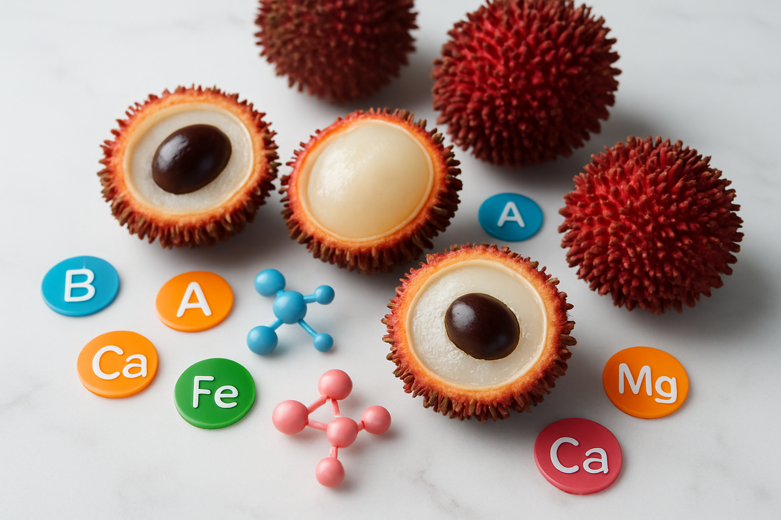 Create a realistic image of fresh pulasan fruits cut in half displaying their white translucent flesh and dark seeds, arranged alongside colorful nutritional symbols like vitamin icons, protein molecules, and mineral representations, set on a clean white marble surface with soft natural lighting from above, creating a healthy and appetizing composition that emphasizes the nutritional value of the exotic fruit, with some whole pulasan fruits with their distinctive red spiky exterior visible in the background, absolutely NO text should be in the scene.