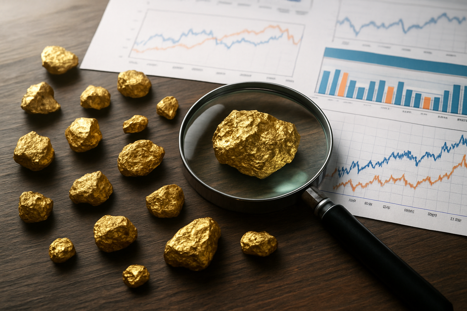Create a realistic image of several raw gold nuggets of varying sizes scattered on a dark wooden surface next to financial charts and graphs showing market trends, with a magnifying glass positioned over one of the larger nuggets, soft natural lighting from above highlighting the metallic golden textures and reflective surfaces of the nuggets, creating a professional trading or evaluation atmosphere. Absolutely NO text should be in the scene.