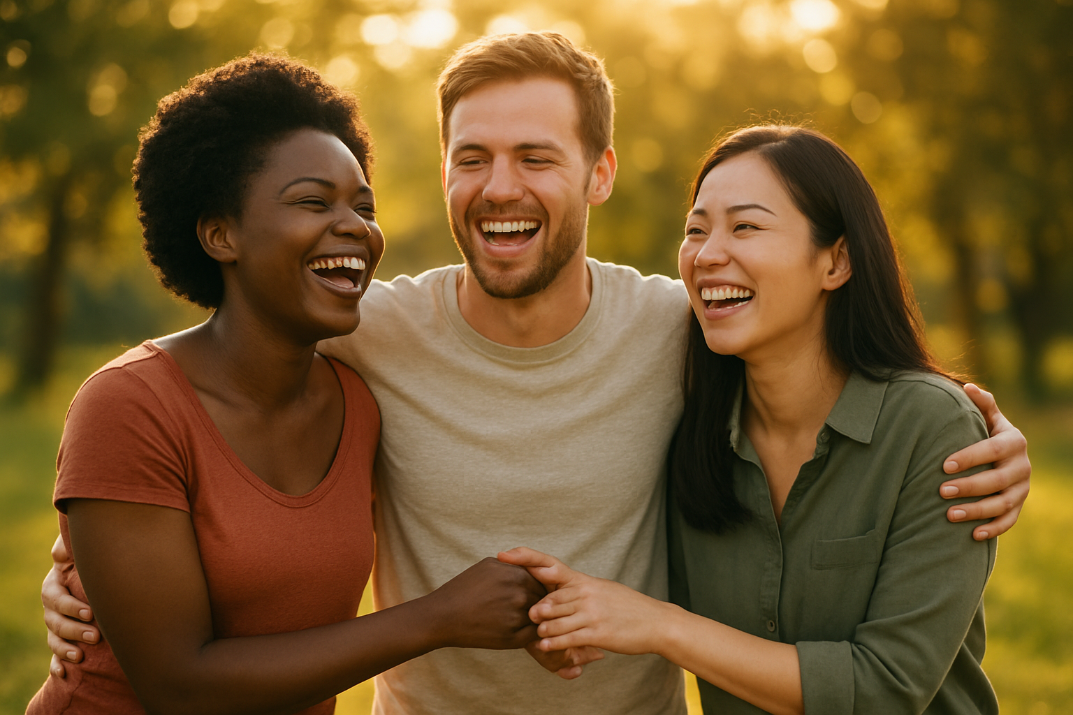 Create a realistic image of a diverse group of people including a black female, white male, and Asian female standing together outdoors during golden hour sunlight, with genuine expressions of joy and laughter on their faces, surrounded by a natural setting with soft bokeh light filtering through trees in the background, warm golden lighting creating an uplifting atmosphere that conveys deep contentment and happiness that appears unshakeable, with gentle rays of sunlight illuminating their faces as they embrace or hold hands in a moment of authentic celebration, absolutely NO text should be in the scene.