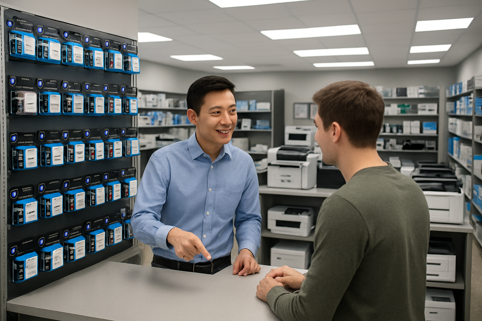 Create a realistic image of a modern computer repair shop or office supply store interior with HP printer ink cartridges displayed on shelves, a clean service counter with an Asian male technician in professional attire helping a customer, multiple=
