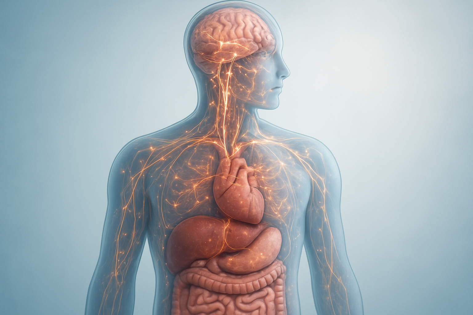 Create a realistic image of a detailed cross-section view of a human torso showing the internal organs including the brain, heart, liver, and digestive system with subtle glowing neural pathways and synapses throughout the body, depicting the biological mechanisms of how substances interact with the human body, set against a clean medical illustration background with soft blue and white lighting, anatomically accurate representation with translucent skin showing internal structures, scientific and educational mood, absolutely NO text should be in the scene.