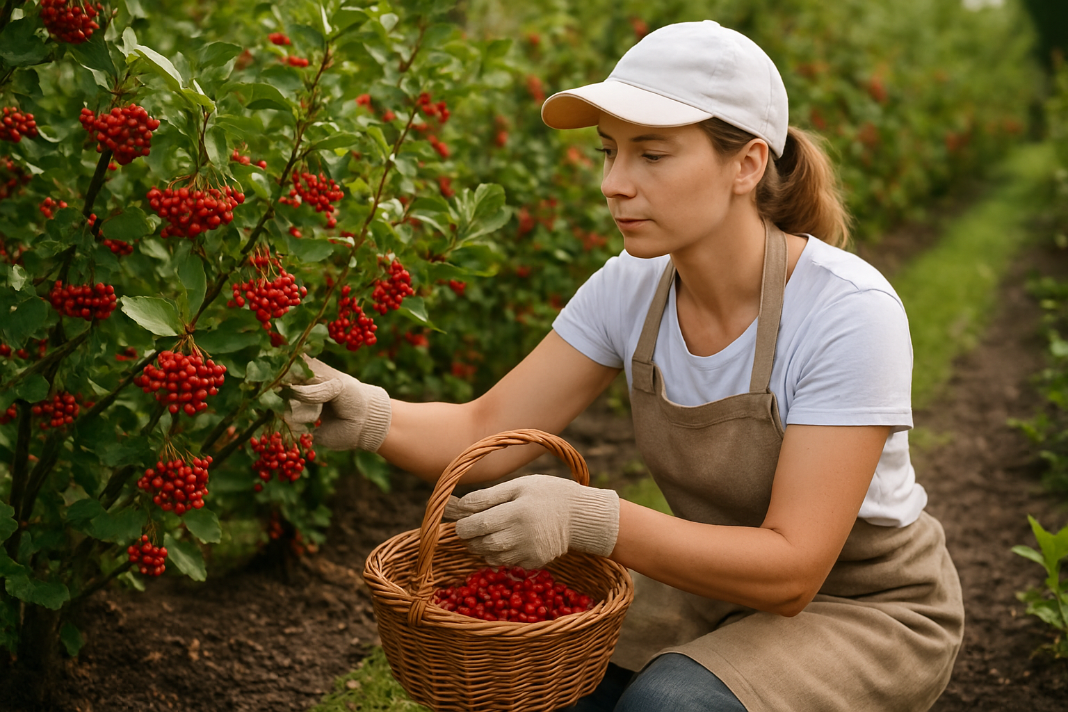 Create a realistic image of red chokeberry bushes in a cultivated garden setting with clusters of bright red berries hanging from branches, a white female gardener in work clothes and gloves carefully harvesting ripe berries into a wicker basket, well-maintained rows of chokeberry plants in the background, rich dark soil visible around the base of the plants, soft natural daylight creating gentle shadows, and a peaceful agricultural atmosphere. Absolutely NO text should be in the scene.