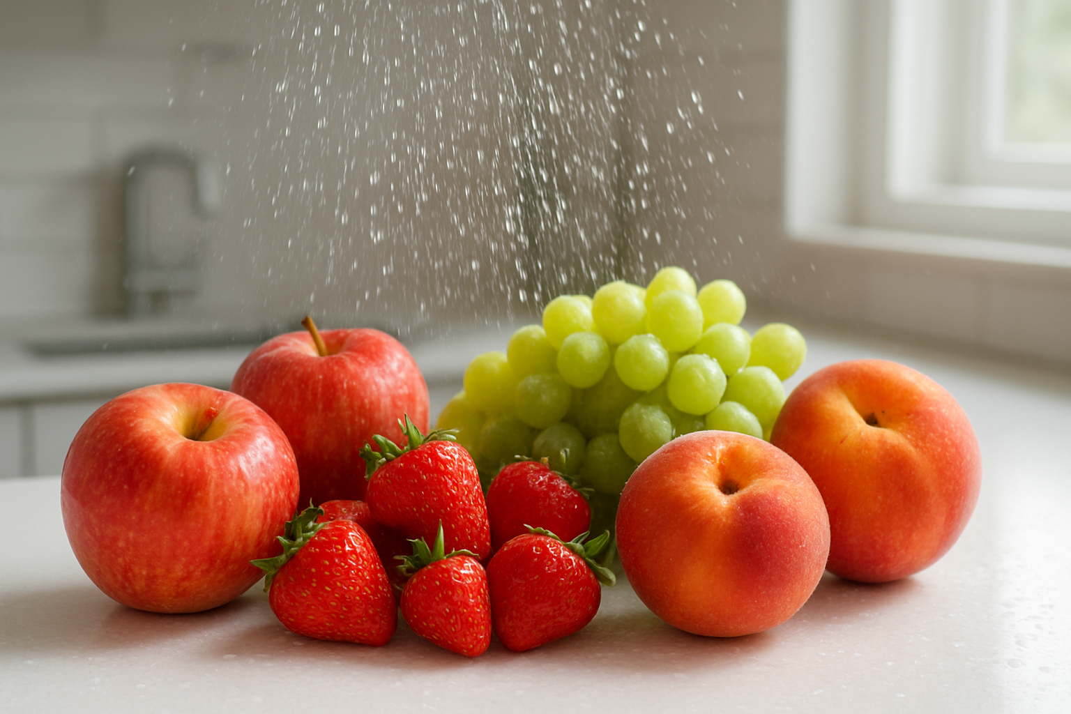Create a realistic image of fresh, vibrant fruits including apples, strawberries, grapes, and peaches arranged on a clean white kitchen counter, with a gentle spray of clear water washing over them from above, droplets glistening in soft natural lighting from a nearby window, creating a sense of freshness and cleanliness, with a subtle background showing a modern kitchen setting, conveying the mood of healthy eating and proper fruit preparation, absolutely NO text should be in the scene.