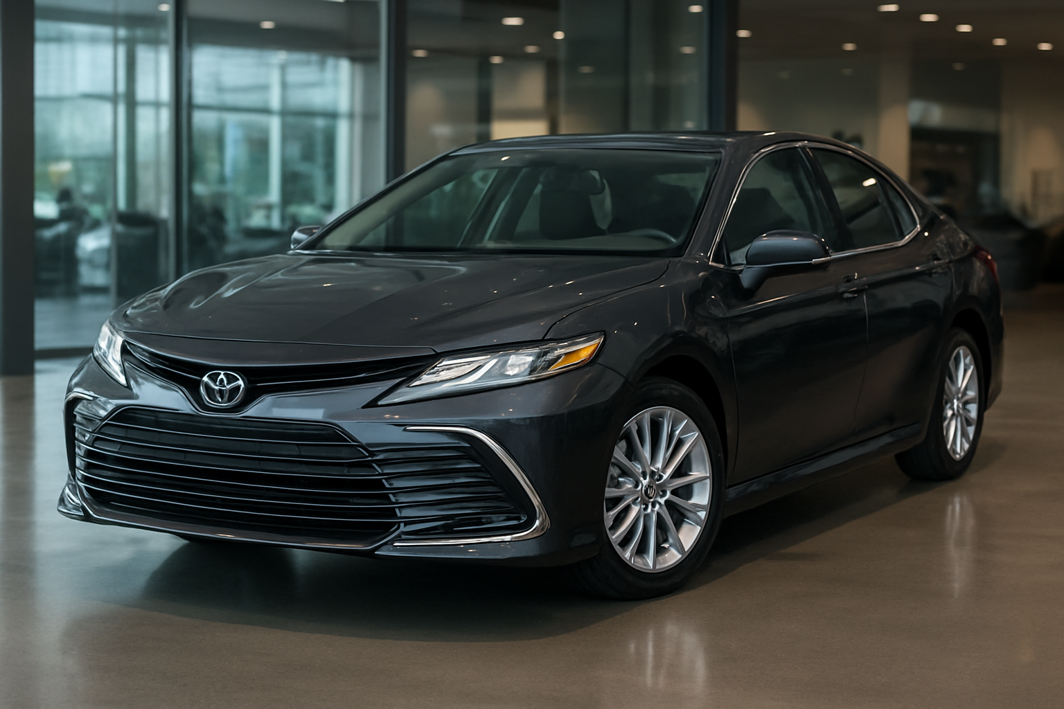 Create a realistic image of a sleek 2025 Toyota Camry sedan positioned at a three-quarter front angle in a modern automotive showroom with polished concrete floors and large glass windows allowing natural daylight to illuminate the vehicle, showcasing the car's exterior design with chrome accents and LED headlights, while subtle reflections appear on the glossy paint finish, with clean minimalist background featuring blurred automotive displays and professional lighting creating an upscale dealership atmosphere that conveys quality and sophistication, absolutely NO text should be in the scene.