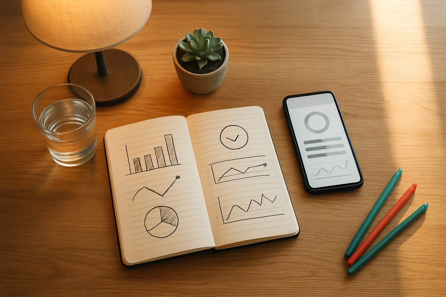 Create a realistic image of a serene overhead view of a clean wooden desk with wellness tracking materials thoughtfully arranged, including an open notebook with hand-drawn charts and graphs, a smartphone displaying a wellness app interface, a glass of water, a small potted succulent plant, colored pens scattered nearby, and a cozy reading lamp casting warm light, with soft natural lighting streaming in from the side, creating a peaceful and organized atmosphere that conveys completion and personal wellness planning, absolutely NO text should be in the scene.
