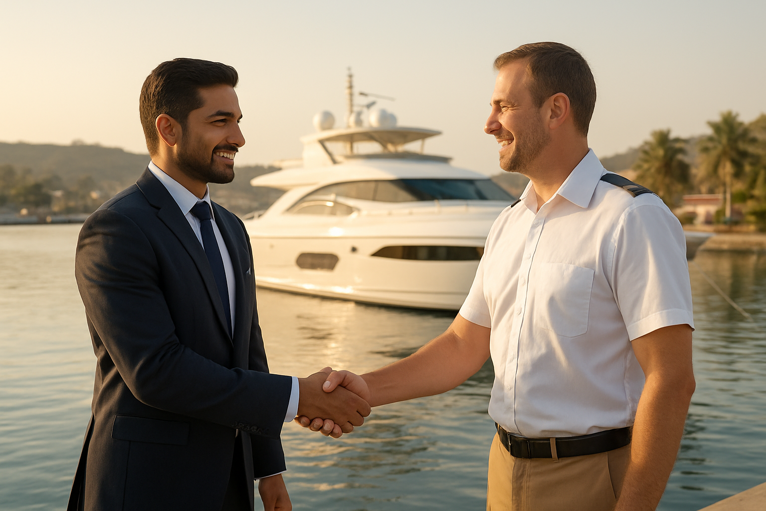 realistic image of a professional handshake between an Indian male travel agent in business attire and a luxury yacht charter representative, set against the backdrop of a stunning Indian coastal marina with a sleek, modern white luxury yacht docked in the background, calm blue waters reflecting golden sunlight, the scene conveying partnership, trust, and premium hospitality, with a warm yet professional atmosphere and soft natural lighting enhancing the upscale ambiance. Absolutely NO text should be in the scene.