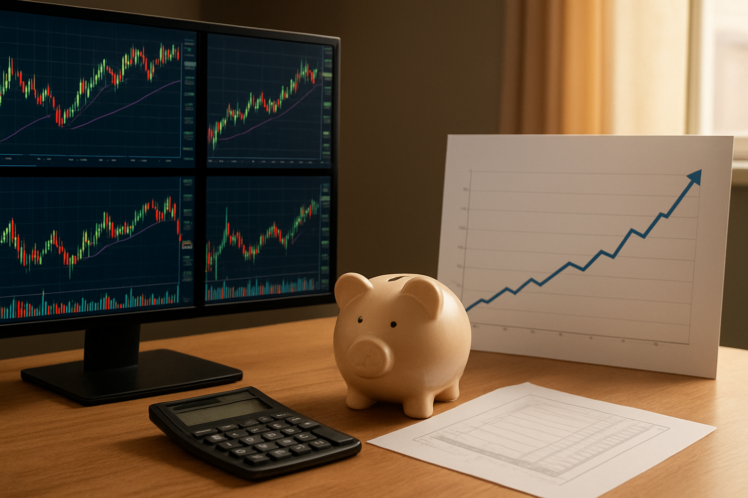 Create a realistic image of a balanced split-screen composition showing two distinct financial approaches: on the left side, multiple computer monitors displaying colorful stock charts with rapid price movements and candlestick patterns representing active trading, and on the right side, a serene upward-trending growth chart with steady progression over time representing long-term investing, with a calculator, financial documents, and a piggy bank placed between both sides on a clean wooden desk, warm natural lighting from a window, professional office environment with a calm and contemplative mood suggesting thoughtful financial decision-making, absolutely NO text should be in the scene.