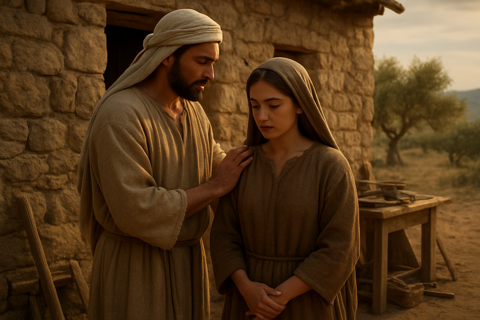 Create a realistic image of a Middle Eastern male carpenter in ancient biblical times gently placing his protective hand on the shoulder of a young Middle Eastern female woman, both dressed in simple earth-toned robes typical of first-century Palestine, standing together outside a modest stone dwelling with wooden tools and crafted items visible nearby, soft golden hour lighting creating a warm and secure atmosphere that conveys protection and provision, with olive trees and distant hills in the background under a peaceful sky. Absolutely NO text should be in the scene.