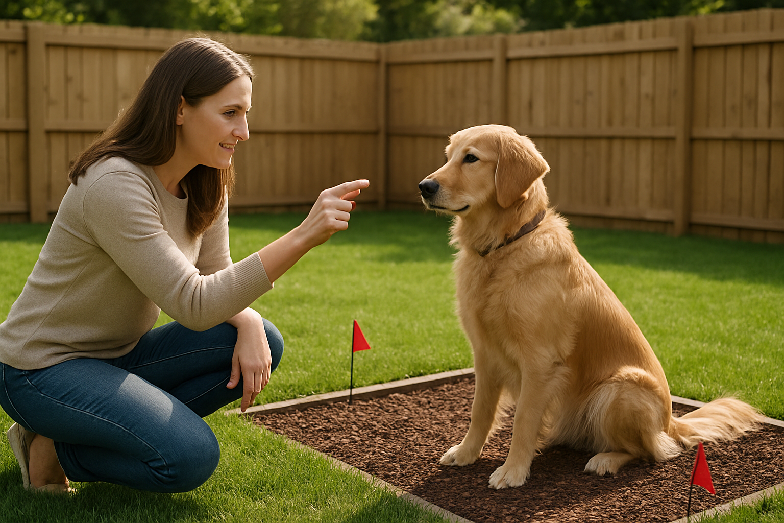 Create a realistic image of a white female dog owner in her 30s kneeling beside a medium-sized golden retriever in a backyard designated potty area, holding a small treat in her hand as she points toward a specific gravel or mulched section of the yard, with the dog looking attentively at her, surrounded by a fenced yard with green grass, some training flags or markers visible in the designated area, natural daylight with soft shadows, conveying a patient training moment between owner and pet, absolutely NO text should be in the scene.