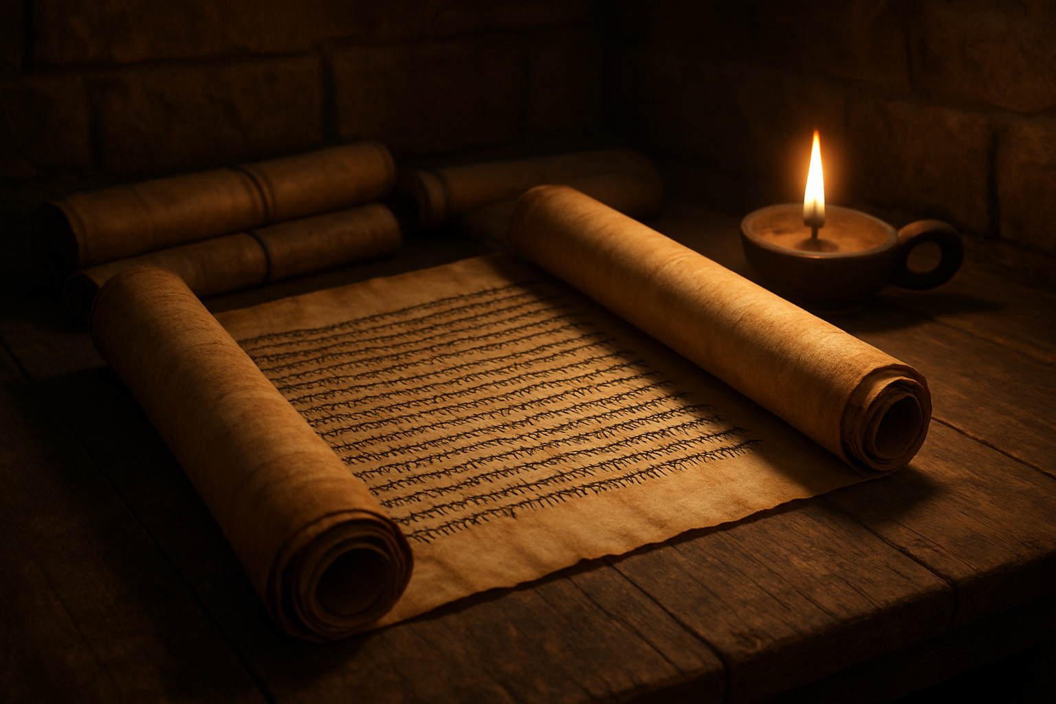 Create a realistic image of an ancient Hebrew scroll partially unrolled on a weathered wooden table, displaying Old Testament text in Hebrew script, with warm candlelight casting gentle shadows across the parchment, surrounded by other ancient scrolls and a simple oil lamp, set in a scholarly study environment with stone walls, creating a reverent and contemplative atmosphere that evokes the prophetic writings of Isaiah, absolutely NO text should be in the scene.